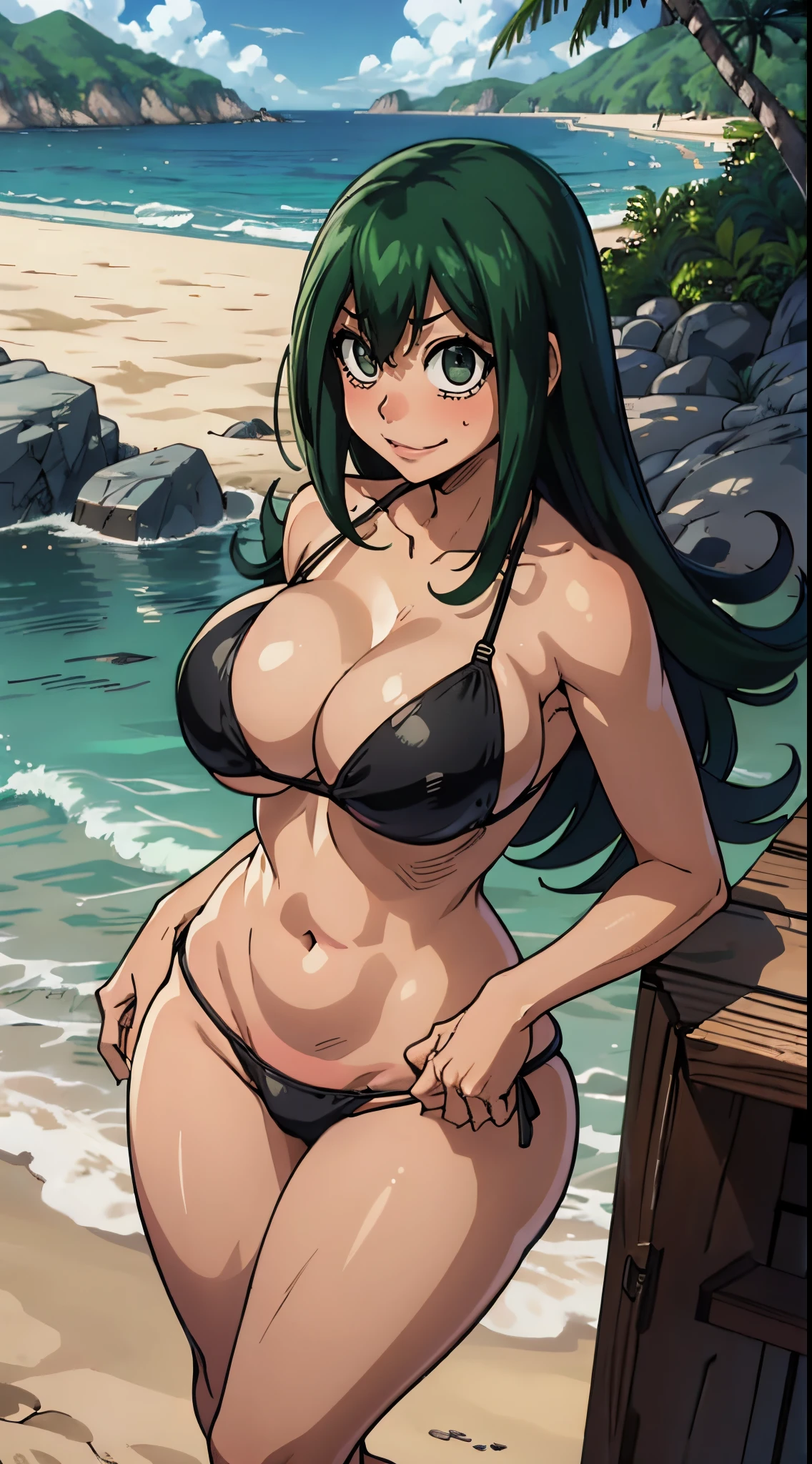 (best quality:1.3), Tsuyu Asui by boku no hero , (looking at the view), busty, cleavage, seductive, sexy, curvy body, big boobs, ((thong bikini)), ((beach)) ,