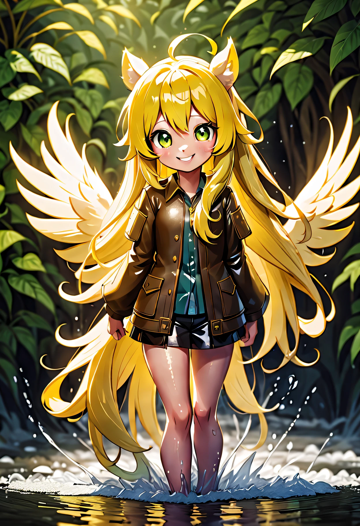 ((masterpiece)), ((best quality)), (8k), (high detailed), (beautiful), 1girl, feral, fluttershy, smile, one character, mlp, pony, my little pony, horse, wet (full body shoot:1.2), detailed hair, detailed fur,, (hioshiru:1.0)