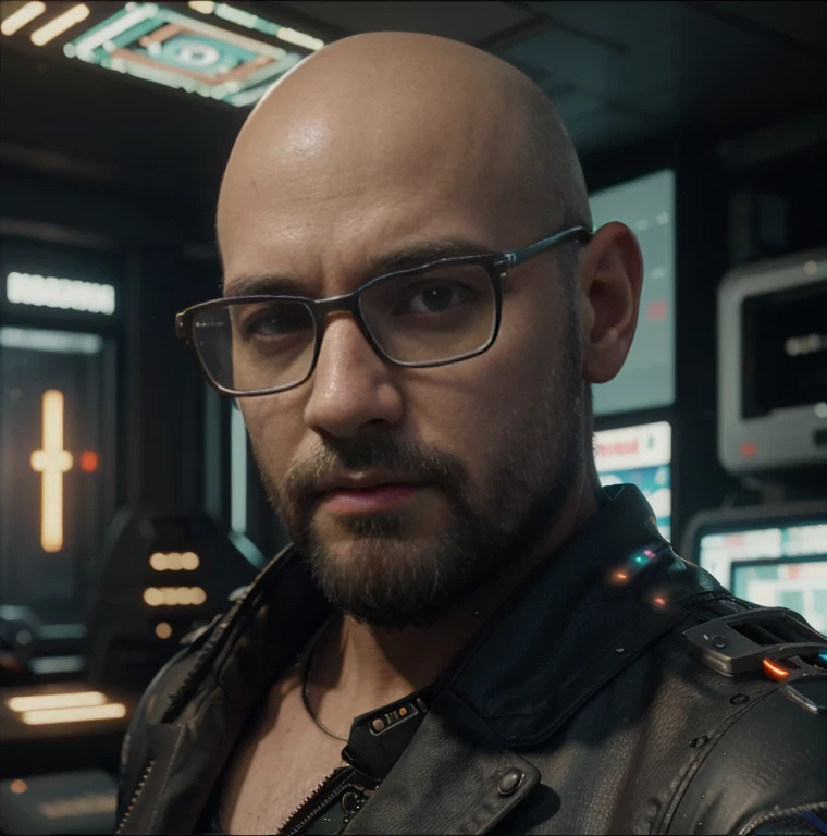 ((Best quality)), ((masterpiece)), (highly detailed:1.3), 3D, beautiful (cyberpunk:1.3), front view of manly bald young man face with beard and with elegant glasses working at computer screen, computer servers, LCD screens, fibre optic cables, corporate logos,HDR (High Dynamic Range),Ray Tracing,NVIDIA RTX,Super-Resolution,Unreal 5,Subsurface scattering,PBR Texturing,Post-processing,Anisotropic Filtering,Depth-of-field,Maximum clarity and sharpness,Multi-layered textures,Albedo and Specular maps,Surface shading,Accurate simulation of light-material interaction,Perfect proportions,Octane Render,Two-tone lighting,Low ISO,White balance,Rule of thirds,Wide aperature,8K RAW,Efficient Sub-Pixel,sub-pixel convolution,luminescent particles