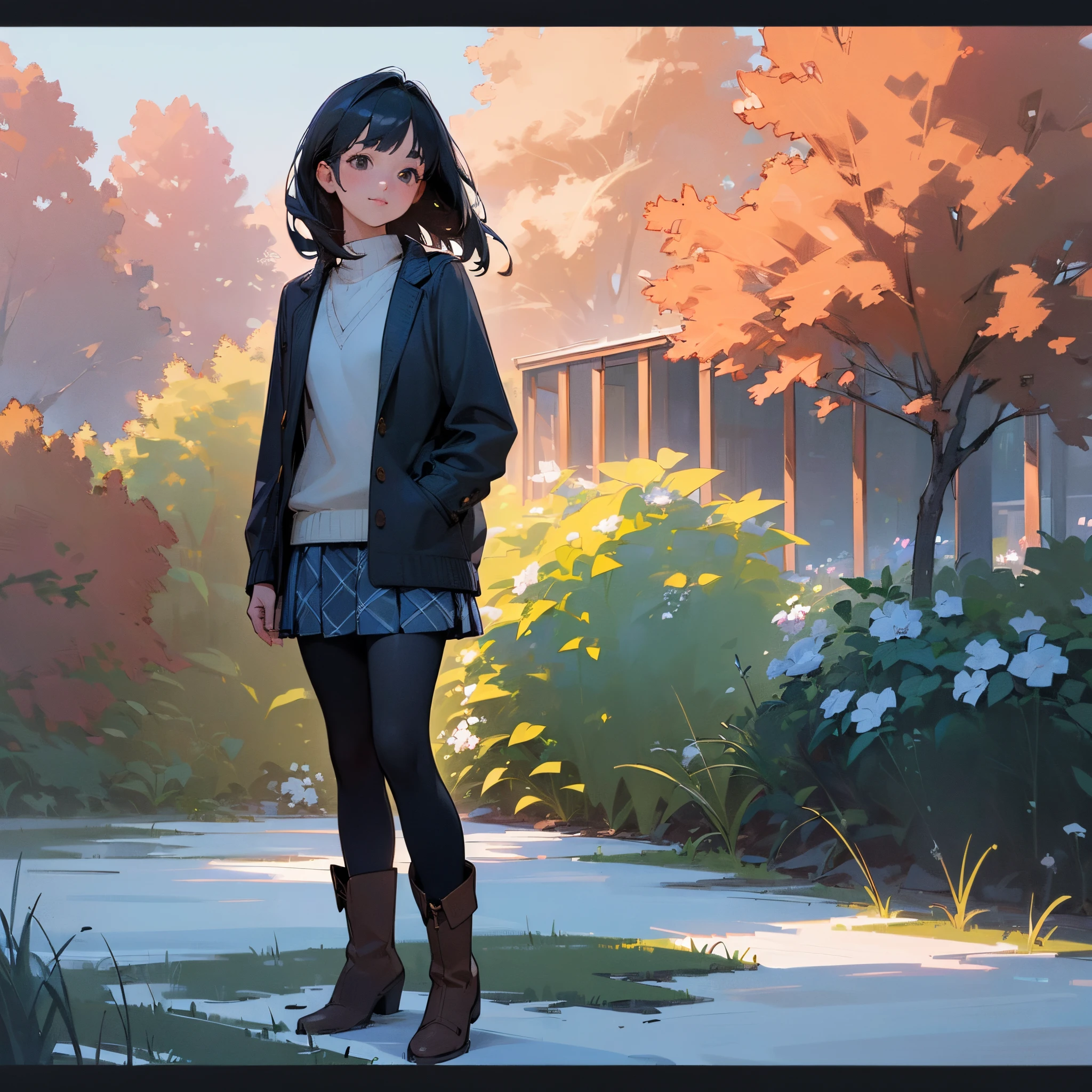 (High quality, High resolution, Ultra-detailed, Realistic:1.37), peaceful ambiance, (plein air, garden), Teenage girl standing alone, (Medium chest), Beautiful detailed features, Cute smile, (Black bob hair), Rib Sweater, blue plaid skirt, Black tights, Brown boots.