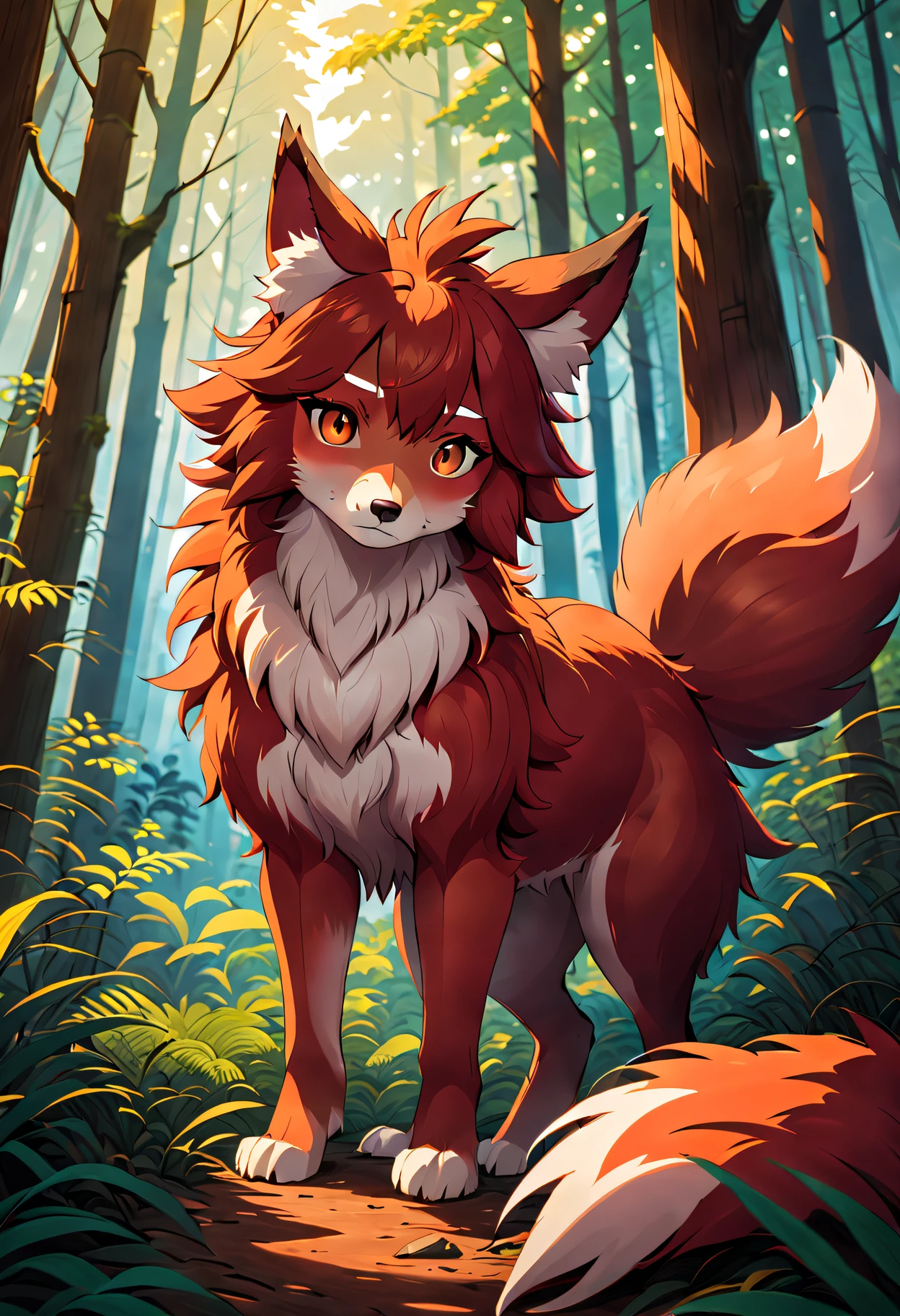 araffe with red hair and a furry tail in the woods, very very beautiful furry art, dramatic cinematic detailed fur, furry art, furry fantasy art, loish and wlop, anthro art, furry wolf, pov furry art, furry art!!!, kemono, 🌺 cgsociety, furry mawshot art, loish |, zorua pokemon, detailed fanart,