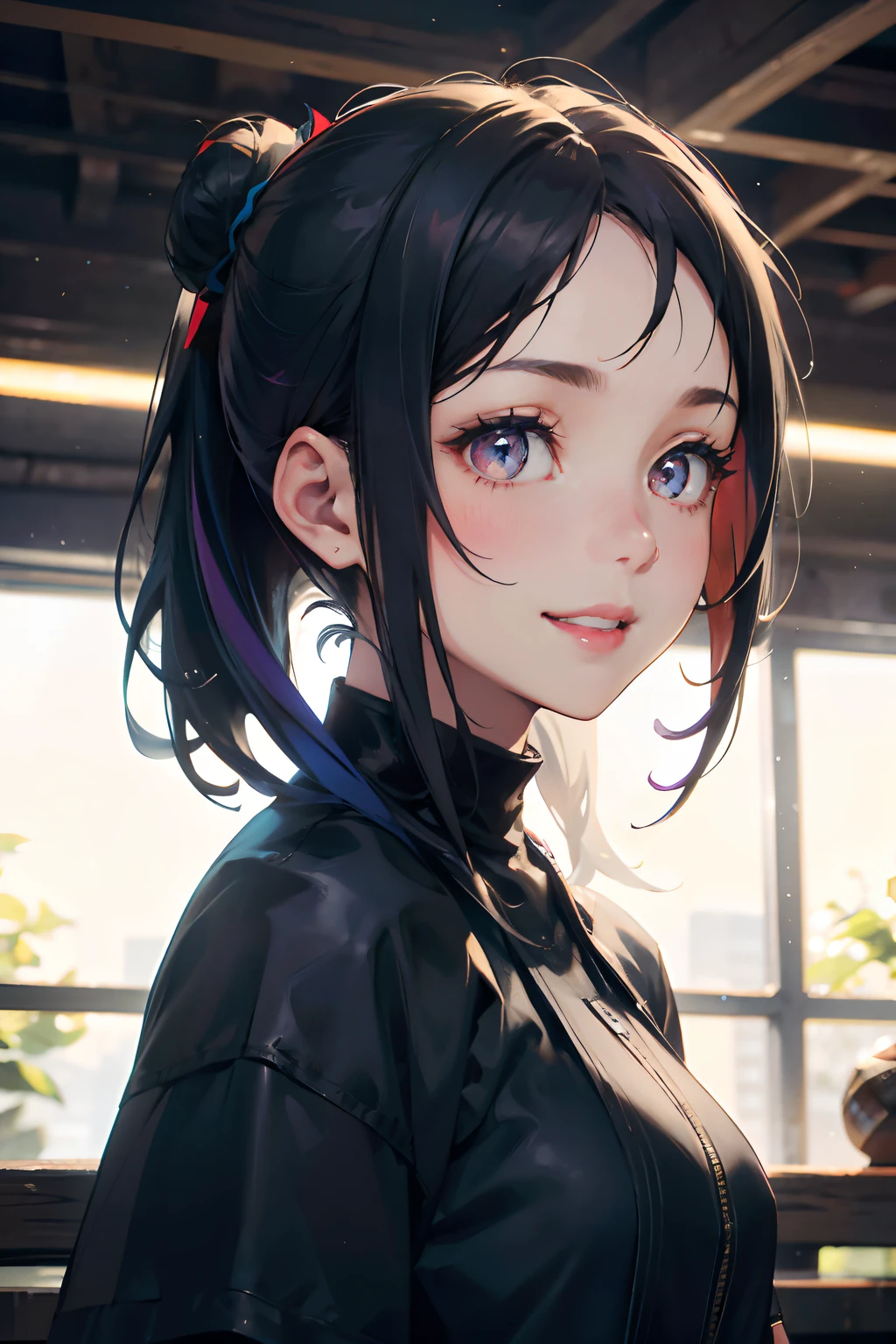 a 20 yo woman、Black blue Hair、poneyTail、Bun hair、Big smile、(hi-top fade:1.3)、dark themed、Muted Tones、Subdued Color、highly contrast、(natural skin textures、Hyper-Realism、Soft light、sharp)