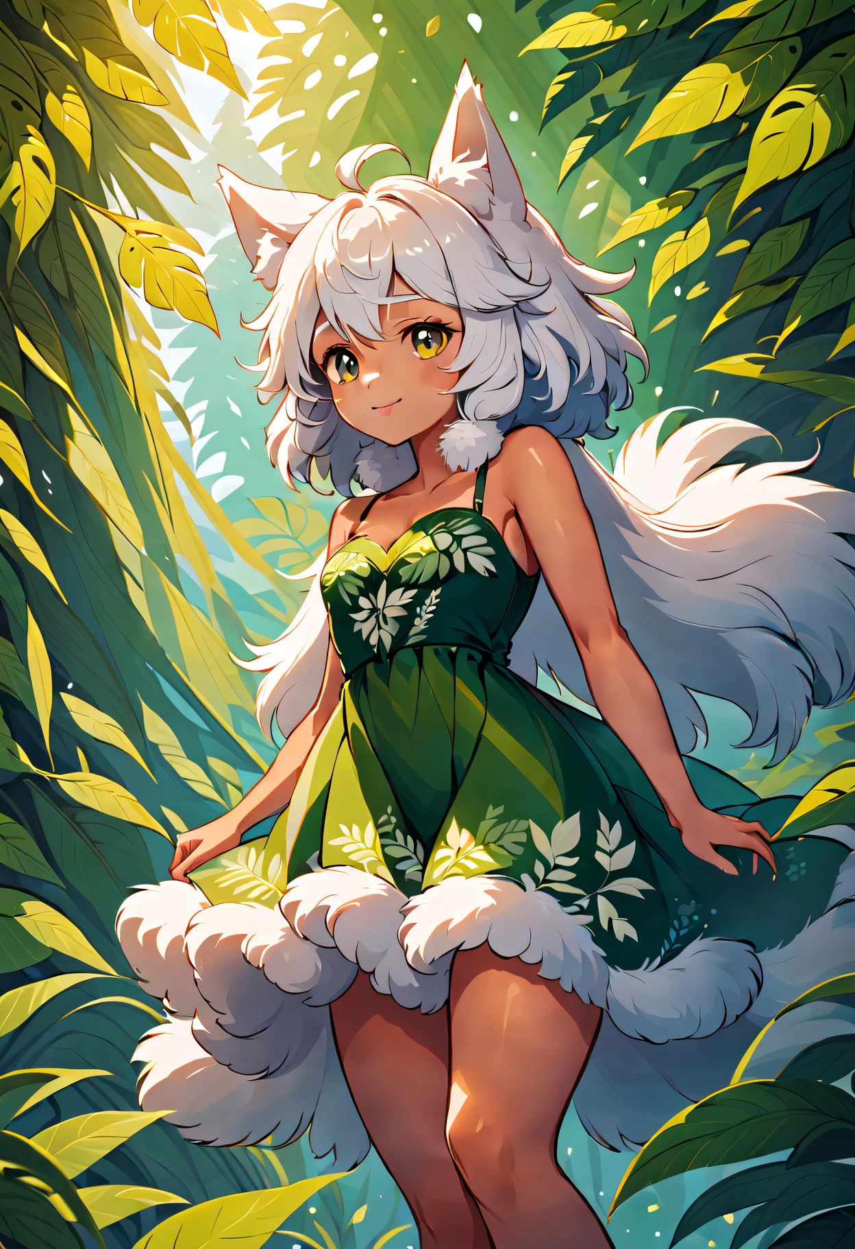 elora furry, detailed and extremely fluffy body fur, fluff, masterpiece, looking up beautiful surroundings, detailed background, happy, leaf-dress,