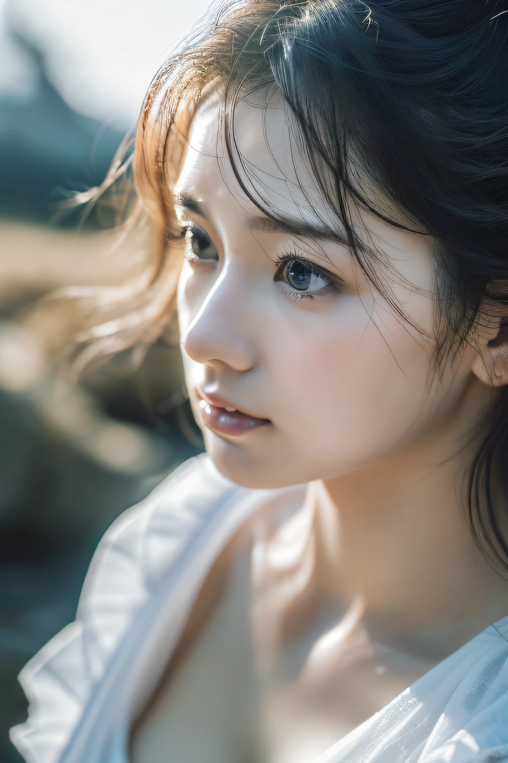 ((top quality, 8k, masterpiece: 1.3)), women (full body portrait, front, babydoll wearing, wet clothes, big breasts, cleavage), seabird, catching pose, short dress, overhead camera, sharp focus: 1.2, cute women: 1.4, (((hairstyle random)), wet hair, very detailed face and skin and hair texture, detailed eyes, double eyelids, white skin, beautiful delicate nose, Cute young Japan woman, 28 years old, at a dynamic angle, is pleasing to the eye and suggestive composition, emphasizing the subject's hair, eyes, mouth and action, while exuding melancholy emotions characterized by a contrasting mix of muted tones and light and shadow,