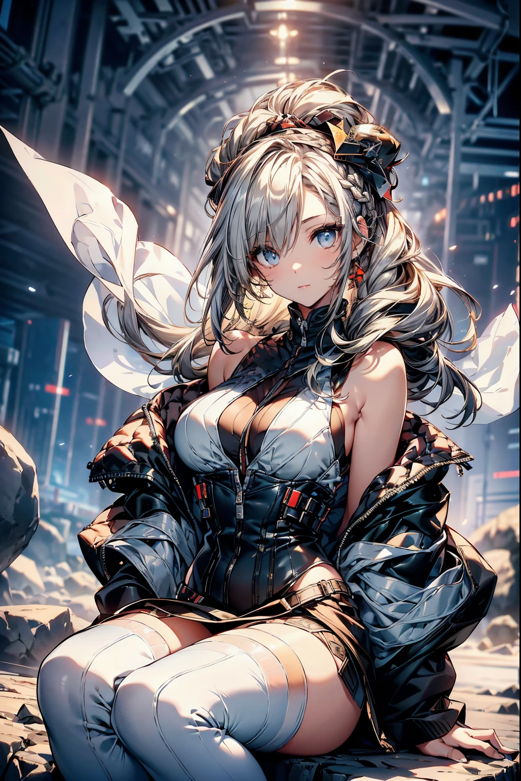 (Character concept image:1.3), a matured woman with long black hair and a white outfit, (at a rock place in a desert:1.2), (standing on illuminated magic circle drawing on the ground:1.2, under starly sky:1.3, sitting Indian-styles:0.0, Yoga posing:0.0, with opening legs and rising knee:0.0, with cross-legged:1.5, rift and open your arms:1.3, in Arabic ancient ruins:1.3), (holding Bible:1.2), Arabic, (Post apocalyptic:0.2), from arknights, artwork in the style of guweiz, bodyesbian, fine details. girls frontline, beautiful anime illustration, from girls frontline, by Yang J, stunning, 28 years old, (milf:1.3), (solo:1.5), (sfw:1.25), (sagging breast, fuge breasts, big tits, thin waist, big ass:1.2), Raised sexy, (dark mahogany medium short hair, updo, hair over one eye, asymmetric hair, Carly hair, low tied braids),(musulman, white Headscarfs, hair bands, head vandage, Turban), (ultra high resolution, 8K RAW photo, photo realistics, thin outline:1.3, clear focus), best qualtiy, cinematic lighting, textile shading, blurry back ground, field depth, bokeh, (Bright pupils, fine detailed beautiful eyes with highlight:1.3, high detailed face), Red lip, fine realistic skins:1.1, looking at viewers:1.3, (dynamic angle:1.3, front view:1.1, tight focus:1.3, from below:1.2), (dynamic posing:1.5, sexy posing:1.2, leaning forward), ((open your mouth:1.3)), (seductive smiling:1.2), centered image, (wearing white long jacket and clothes, wearing white robes:1.3, ((bare breast:1.37)), platinum ornaments, rolling white clothes around waist, dark brown long leather boots:1.3, translucent lace pantyhose), (((correct anatomy:1.5, perfect anatomy:1.37))), ((outdoor:1.2, in a night:1.3)),