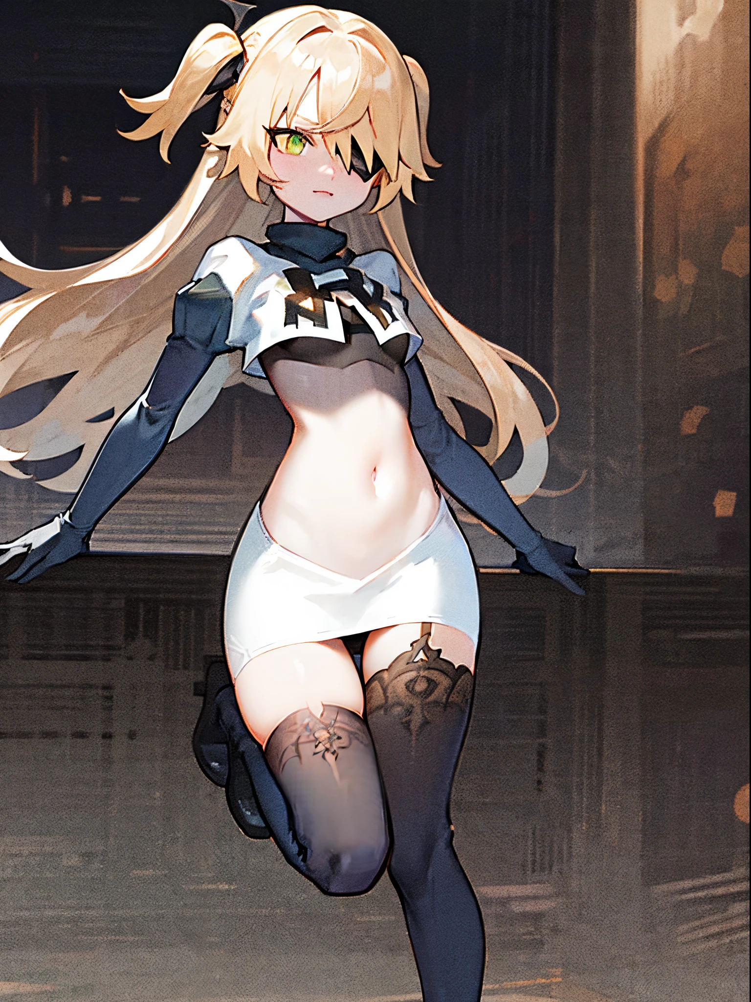 absurdres, fischl (dunkelnacht sakrament) (genshin impact), green eyes, (white pupils:1.2), fischl (genshin impact), medium_breasts, blonde hair, eyepatch, long hair, hair over one eye, bangs, hair ribbon, small breasts, team rocket,team rocket uniform,white skirt,crop top,black thigh-high boots,black elbow gloves,