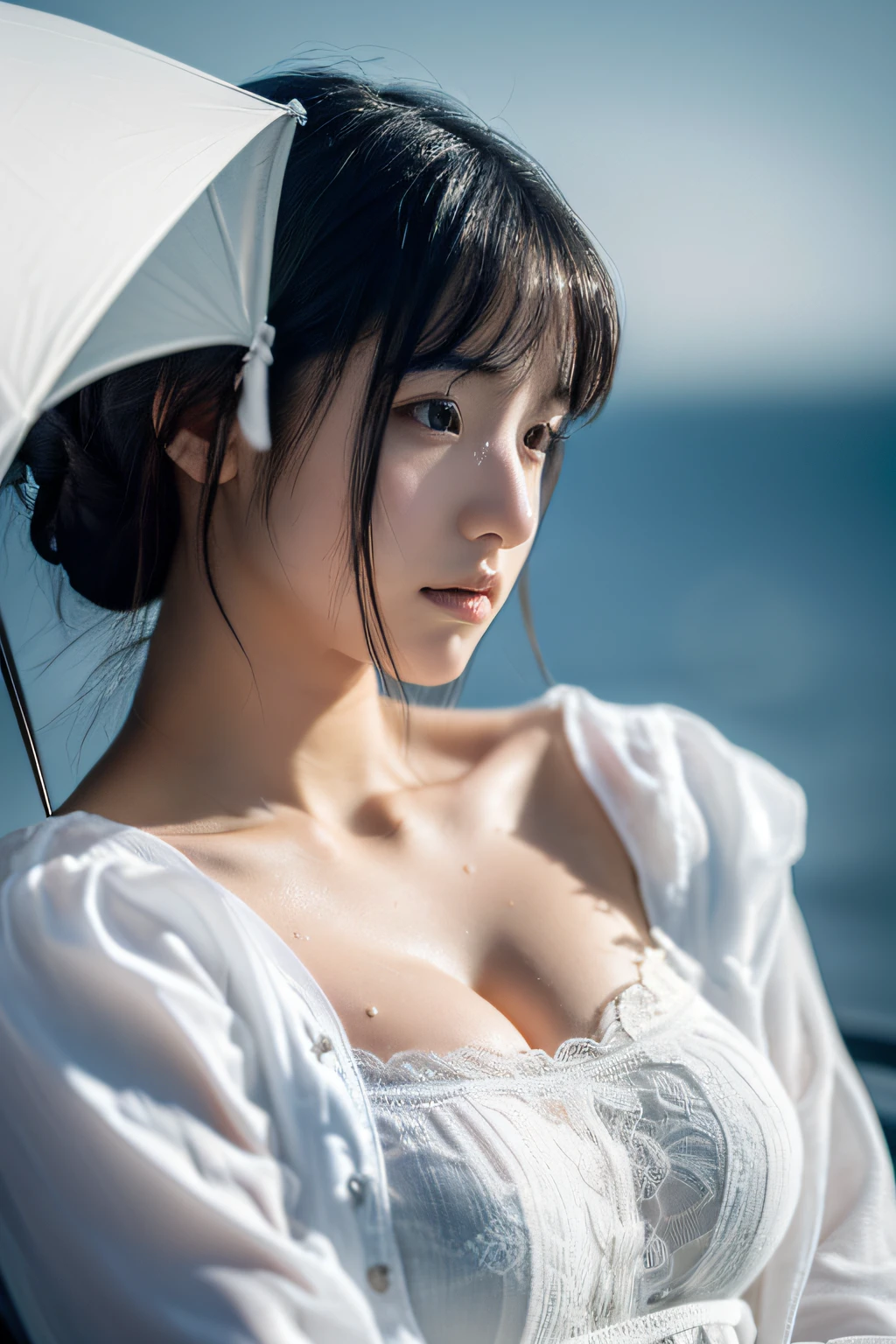 ((top quality, 8k, masterpiece: 1.3)), women (full body portrait, front, babydoll wearing, wet clothes, big breasts, cleavage), sailing, wind, steering pose, overhead camera, sharp focus: 1.2, cute women: 1.4, (((hairstyle random)), wet hair, very detailed face and skin and hair texture, detailed eyes, double eyelids, white skin, beautiful delicate nose, Cute young Japan woman, 28 years old, at a dynamic angle, is pleasing to the eye and suggestive composition, emphasizing the subject's hair, eyes, mouth and action, while exuding melancholy emotions characterized by a contrasting mix of muted tones and light and shadow,