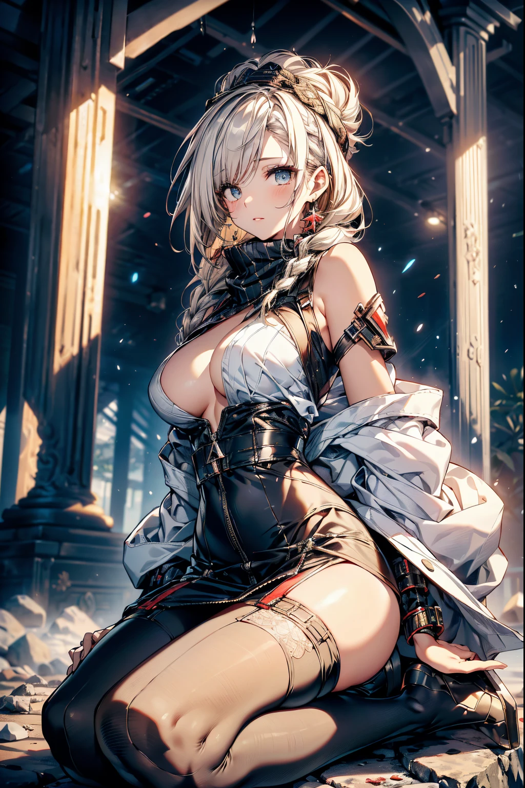 a matured woman with long black hair and a white outfit, (at a rock place in a desert:1.5), (resting in Stone circles:1.2, holding metal water bottles:1.3, sitting Indian-styles with spreading legs:1.4, with cross-legged:1.3, with lifting arms, in front of Arabic ruins:1.2), Arabic, (Post apocalyptic:0.2), from arknights, artwork in the style of guweiz, bodyesbian, fine details. girls frontline, beautiful anime illustration, from girls frontline, by Yang J, stunning, 26 years old, (milf:1.3), (solo:1.5), (sfw:1.25), sagging ??????, fuge ???????, big ????, thin waist, big ???, Raised ????, (dark mahogany medium short hair, updo, hair over one eye, asymmetric hair, Carly hair, low tied braids),(musulman, white Headscarfs, hair bands, head vandage, Turban), (ultra high resolution, 8K RAW photo, photo realistics, thin outline:1.3, clear focus), best qualtiy, natural lighting, textile shading, blurry back ground, field depth, bokeh, (Bright pupils, fine detailed beautiful eyes with highlight:1.3, high detailed face), Red lip, fine realistic skins:1.1, looking down viewers:1.3, (dynamic angle:1.2, front view:1.2, ????????????:1.3, from below:1.2), dynamic posing, (???? posing:1.2, leaning forward), seductive smiling:1.3, center image, (wearing white long jacket and clothes, wearing white robes:1.2, ((???????????:1.37)), platinum ornaments, rolling white clothes around waist, camel-brown long leather boots:1.3, translucent lace pantyhose), ((correct ???????:1.5)), ((outdoor:1.2, in a night:1.3)),