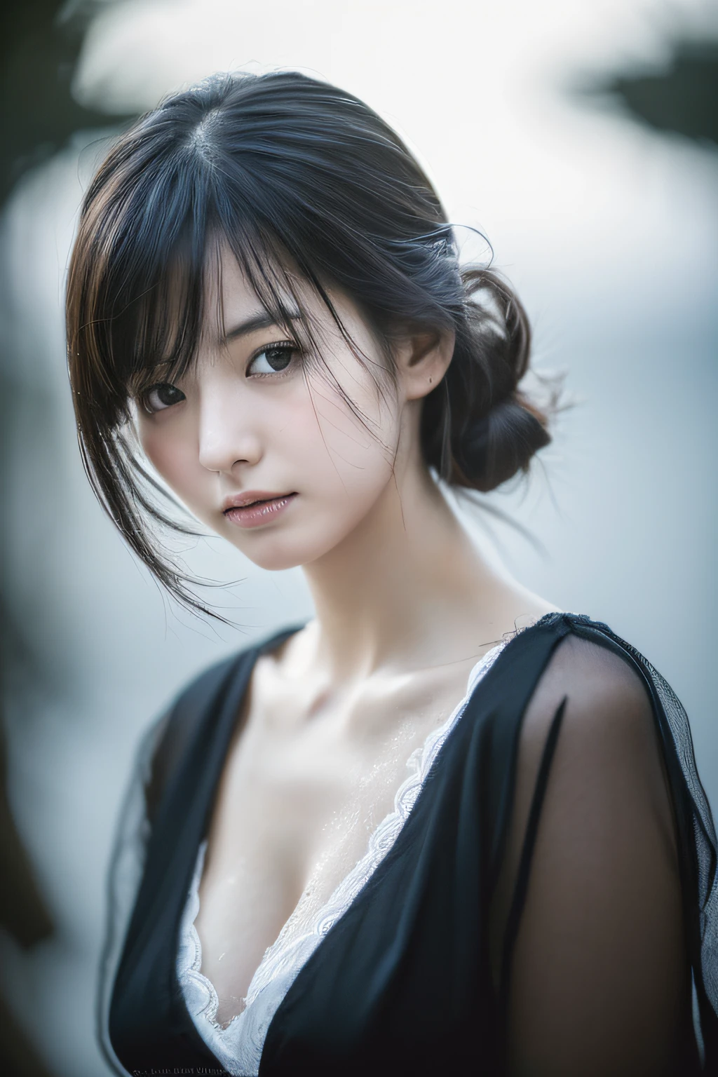 ((top quality, 8k, masterpiece: 1.3)), women (full body portrait, front, babydoll wearing, wet clothes, big breasts, cleavage),bungalow, hammock, resting pose, overhead camera, sharp focus: 1.2, cute women: 1.4, (((hairstyle random)), wet hair, very detailed face and skin and hair texture, detailed eyes, double eyelids, white skin, beautiful delicate nose, Cute young Japan woman, 28 years old, at a dynamic angle, is pleasing to the eye and suggestive composition, emphasizing the subject's hair, eyes, mouth and action, while exuding melancholy emotions characterized by a contrasting mix of muted tones and light and shadow,