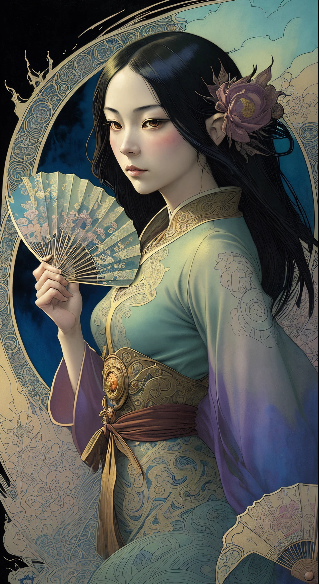 ornate Art Nouveau style masterpiece, , Asian folklore, , dark tales, realistic anime style, comic style , anime dynamic poster, detailed ink, paint dripping, transparent, close up extremely happy gracious well-dressed young lady holding fan, pastel sunset, clouds, , flying cranes, Alfons Mucha, James Jean Utagawa Kuniyoshi, Koson Ohara, Andy Kehoe, dynamic pose, sharp eyes, , art on a cracked rice paper, vintage, tiny details, mystical, intricated pose, fairytale tiny details, beautiful details,