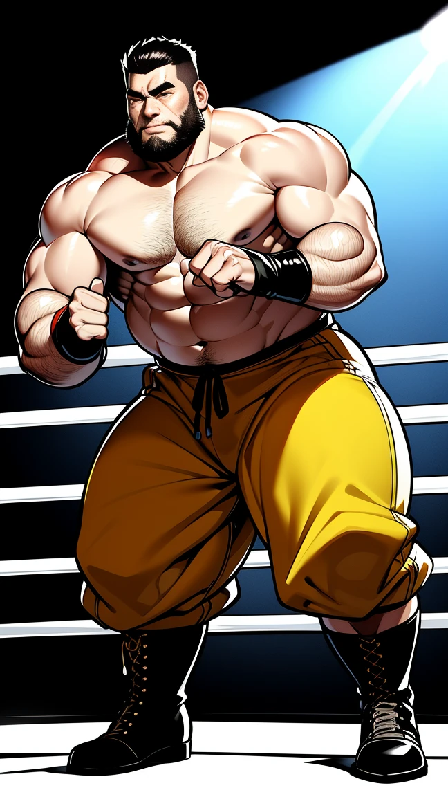 the only person，male people，Muscle wrestler，Muscular，Stout wrestler，Asian people，jpn，Uncles，60-year-old middle-aged man，Short hair details，Short hair details，Wrestling boots，Full body like，Panorama characters，WWE ring，WWE American professional wrestling，spotlight lights，cellshading，visions，pantiess，fatness，age 55，,Middle age，tattoo is，Fingerless gloves，Wheat-colored skin，oilly skin，Dark skin，Show off your chest muscles，Sumo wrestler，body builder，Wide sideburns，Pronounced abs，ssmile，beard is gray，White hair，（Full body like：3），Hands are very thin，bright outside，outdoor background