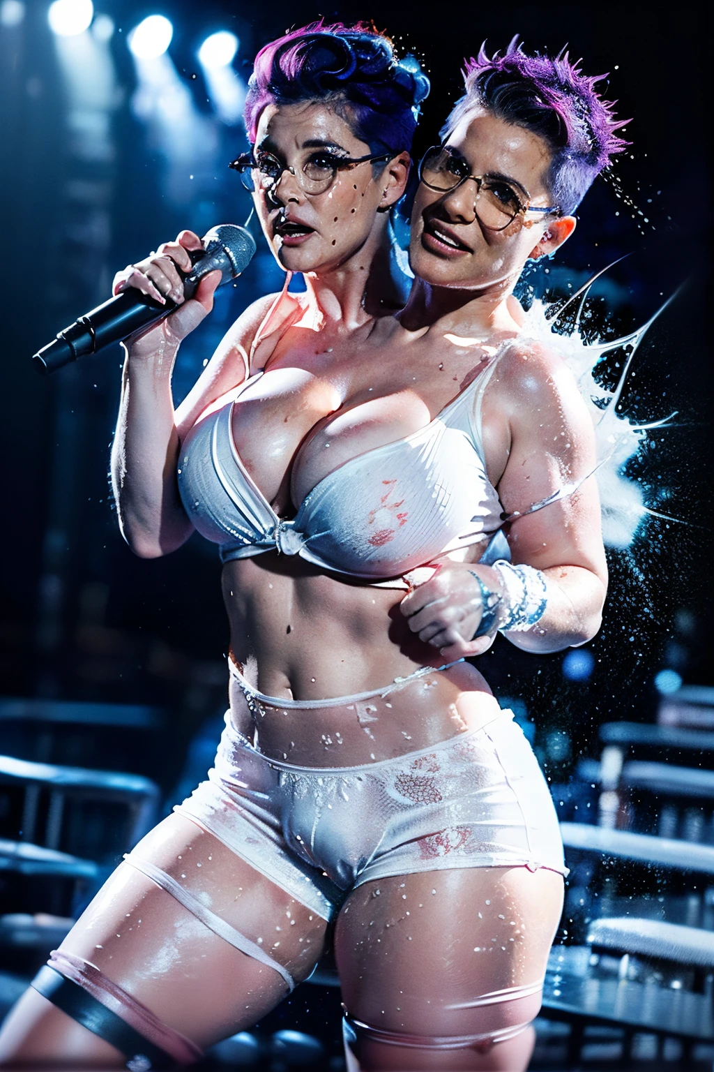 (((2heads))), full body,realistic photography, a very sweaty pale 50 year old singer, Swedish,, chubby,thicc,,overweight,very pale white skin, , (big bulge:1.5),fit, mohawk,purple hair,red mohawk, hair with highlights , platinum blonde,detailed eyes, , , unathletic, very wide shoulders,(dressed like a singer, cleavage ) :1.5,wet, ,drenched:1.5, sweaty:1.7, beautiful hair, unathletic, at a dive bar stage singing karaoke,,,full body, realistic, detailed, thick rimmed glasses, freckles, (((viscous white liquid splattered on chest and face))),(((big bulge))), , singing, (((holding a microphone))), very sweaty