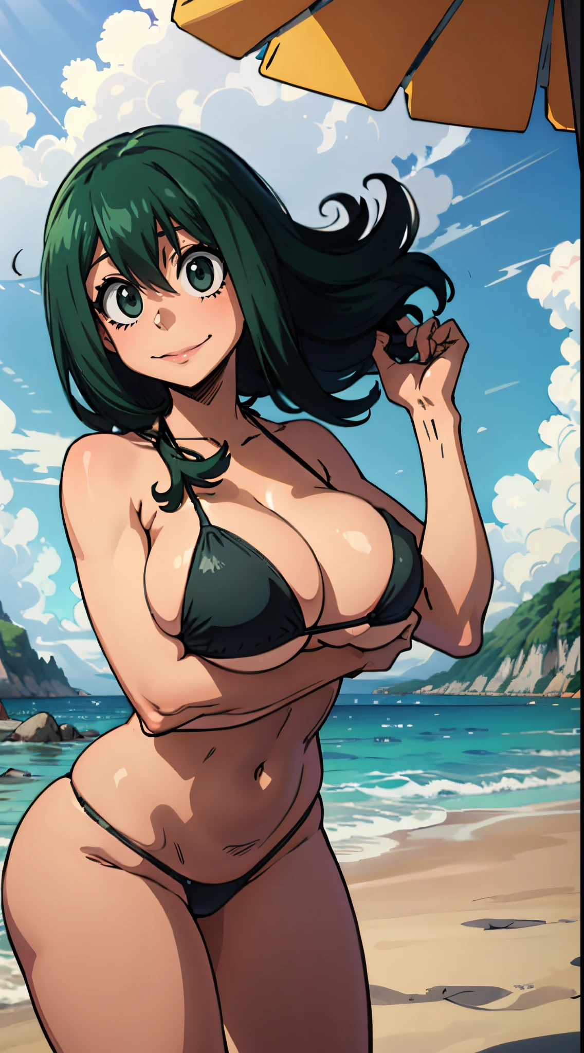 (best quality:1.3), Tsuyu Asui by boku no hero , (looking at the view), busty, cleavage, seductive, sexy, curvy body, big boobs, ((thong bikini)), ((beach)) ,