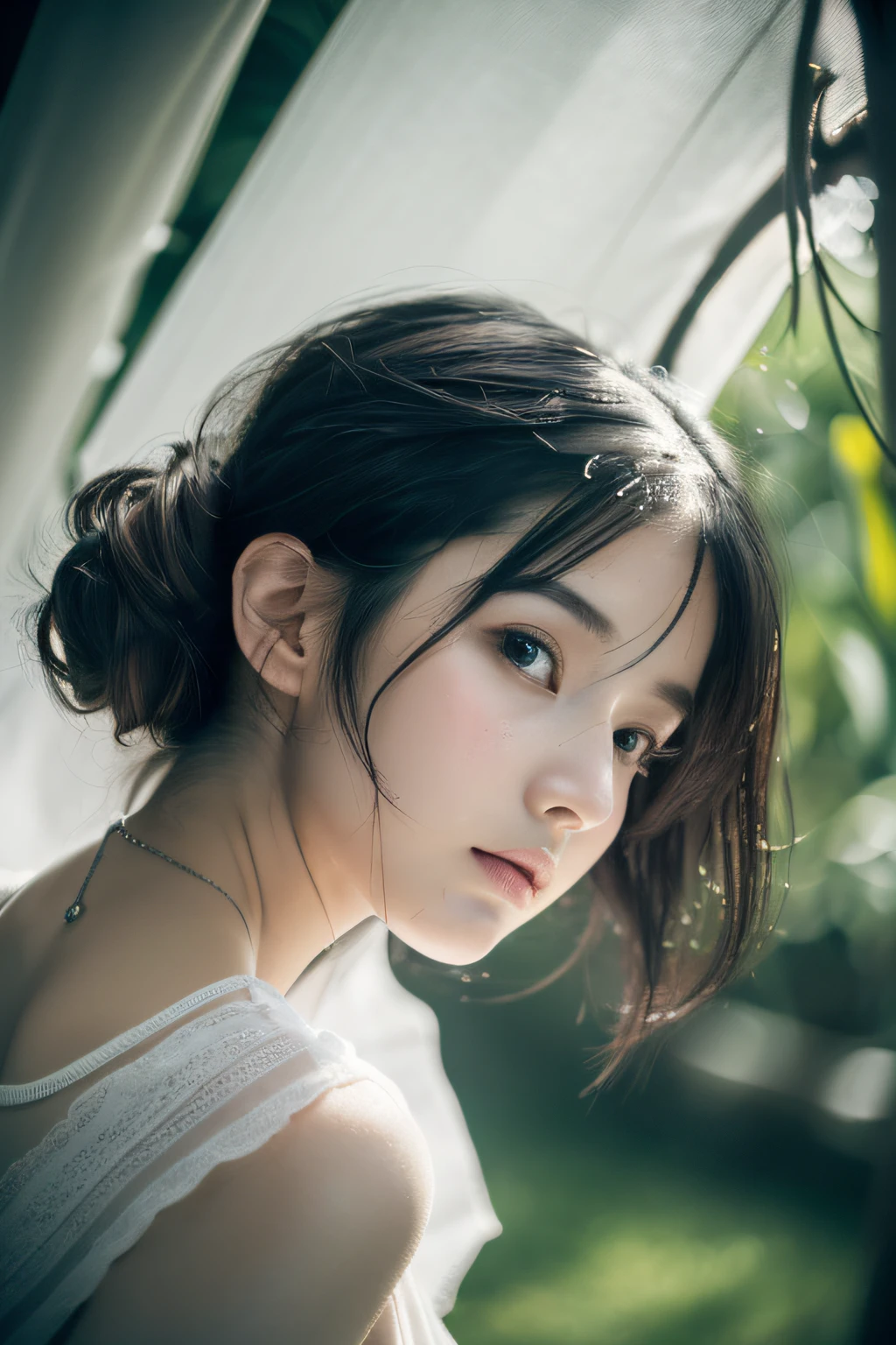 ((top quality, 8k, masterpiece: 1.3)), women (full body portrait, front, doll wearing, wet clothes, big breasts, cleavage),bungalow, hammock, resting pose, overhead camera, sharp focus: 1.2, cute women: 1.4, (((hairstyle random)), wet hair, very detailed face and skin and hair texture, detailed eyes, double eyelids, white skin, beautiful delicate nose, Cute young Japan woman, 28 years old, at a dynamic angle, is pleasing to the eye and suggestive composition, emphasizing the subject's hair, eyes, mouth and action, while exuding melancholy emotions characterized by a contrasting mix of muted tones and light and shadow,