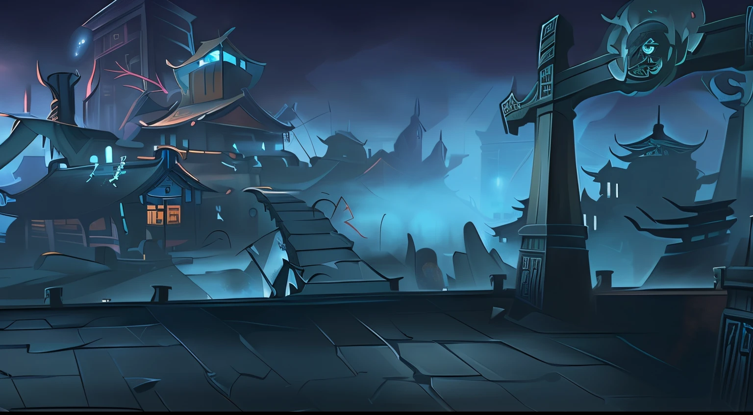 Cartoon illustration of dark city in ancient Chinese mythology, underworld,Ghosts,buliding,arte de fundo, mobile game background, background artwork, 2D game art background, stylized concept art, game background, Depicted as game concept art, , 2d game background, detailed game art, mobile game art, Game illustration
