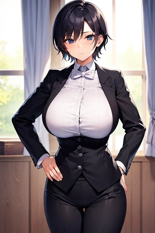 Female butler、by the window、a cool、huge udder、short-hair、tailcoat、thin-waist、twinks、rigor、which are full of confidence、Calm、Tall