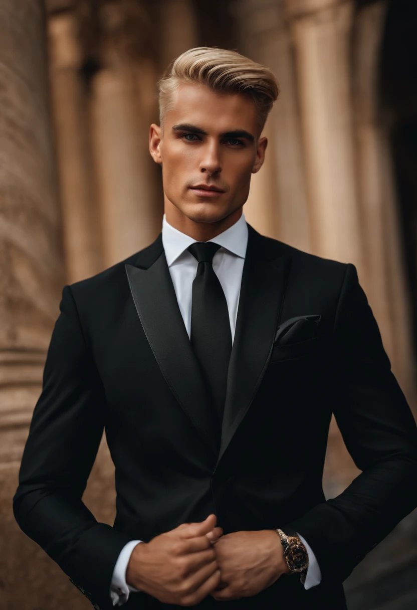 Italian blond middle aged young man, shaved in a black suit