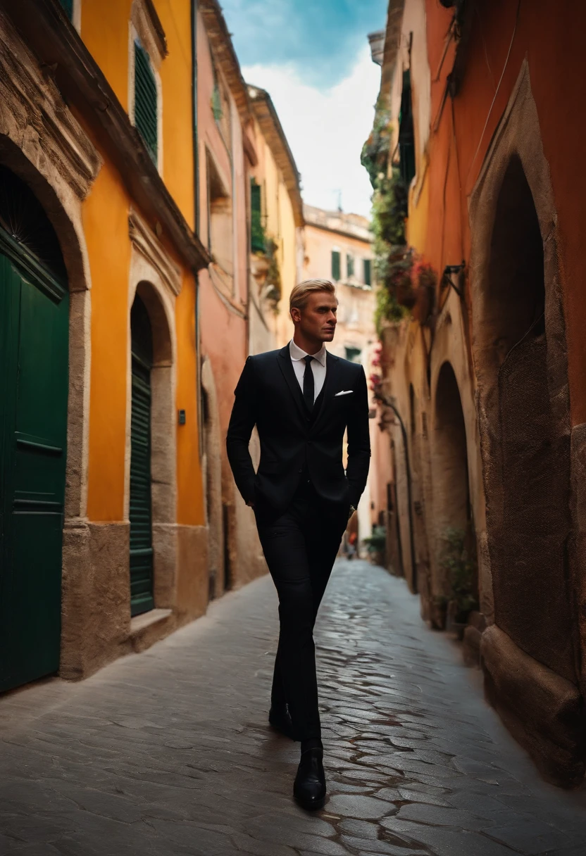 Italian blond middle aged young man, shaved in a black suit