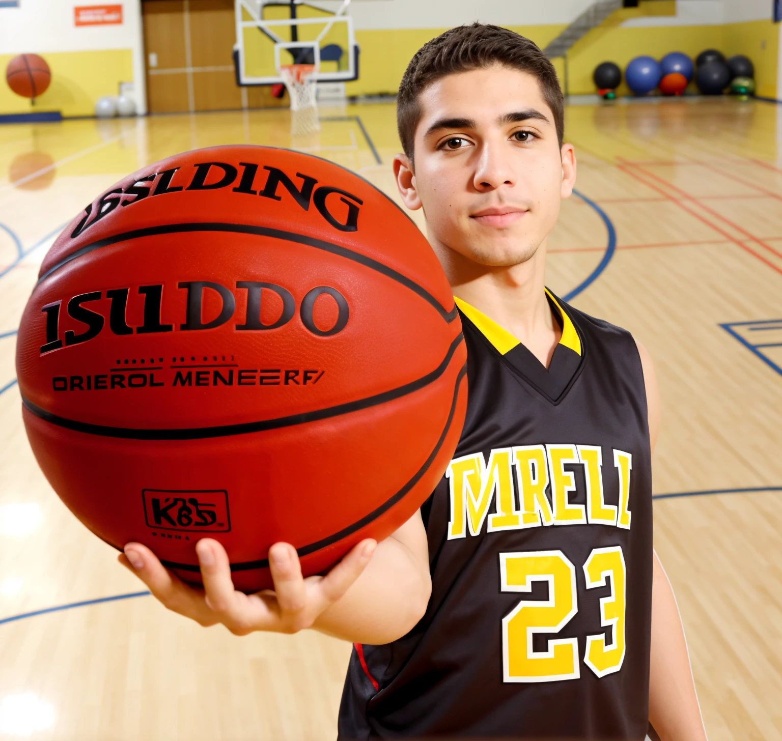 menino bonito, olhar sex, holding a basketball in a gym with a basketball in his hand, 8k