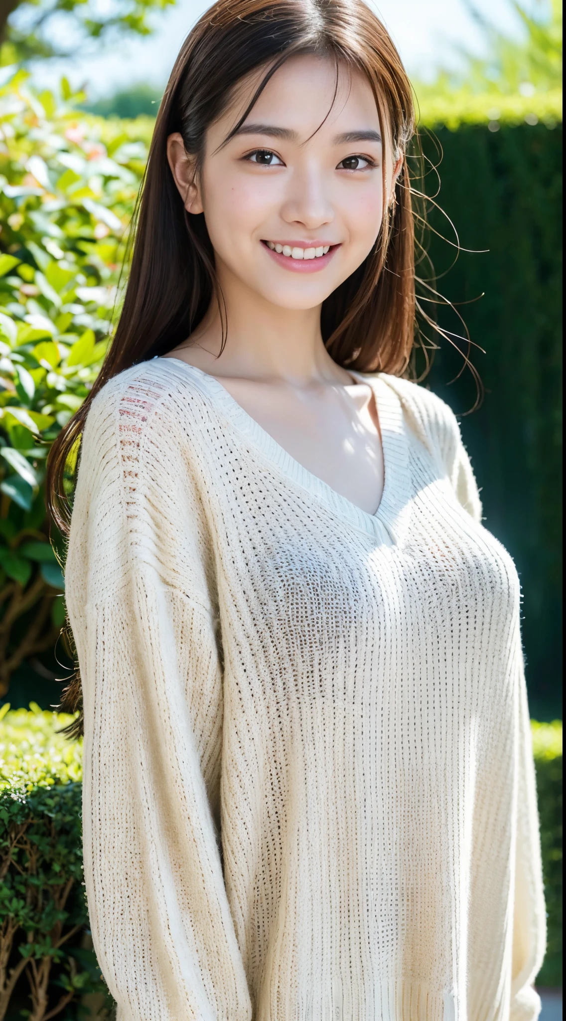 best image quality, concentrated, soft light, , ((Japanese)), (No sleeve), (((front, young face))), (Depth of the bounds written), ultra high resolution, (realistic: 1.4 ), Raw photo, (knitted clothes), skirt, masterpiece, highest quality, (Photoreal), woman, smile, bangs