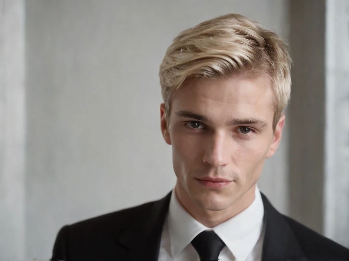 Italian blond middle aged young man, shaved in a black suit, portait, zoomed in, realistic, early 2000s