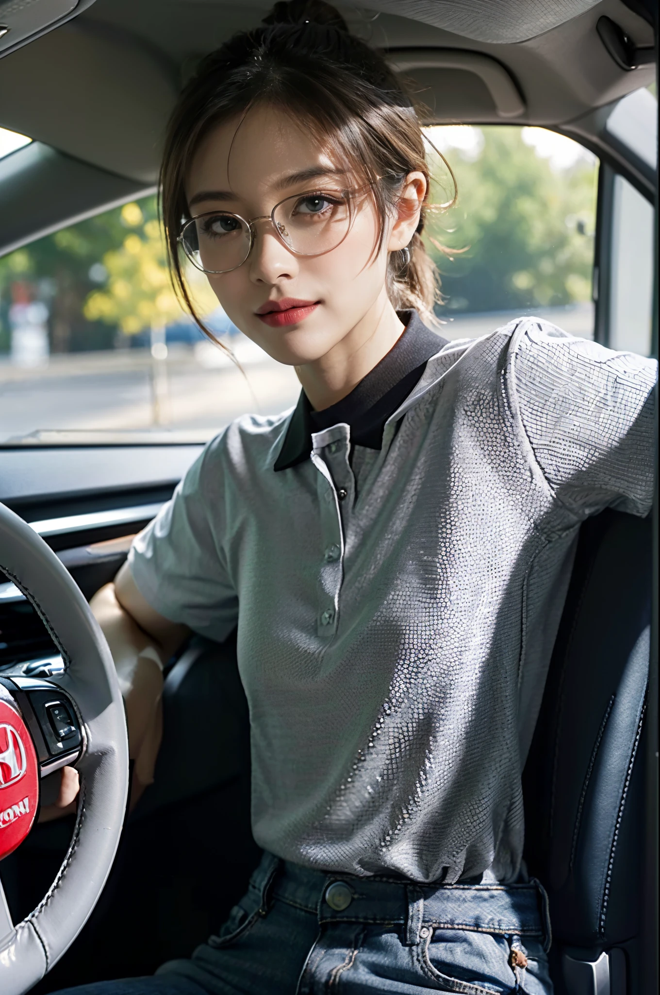 (shoulder-length straighthair: 1.2), Black hair,Short ponytail，Upper body, （Extremely meticulous CG 8k wallpaper），（Extremely refined and beautiful），（Masterpiece），（best qualtiy：1.0），（Ultra High Resolution：1.0），beautiful light up，Perfect lightning，realistic shaded，[A high resolution]，Smooth and flawless fair skin，Extremely exquisite facial details，ultra - detailed，A  girl，Smile，cheerfulness，collar，（light blue long sleeved suit shirt:1.1），（Black shorts：1.1），big hips，White sneakers，Summer，Morning，sitting in a spacious private car，A female driver，Place hands on the steering wheel，driving car，Wearing glasses, looking forward，Close Shot，obese body, big size, round face, double chin, overweight, holding her weight on her stomach