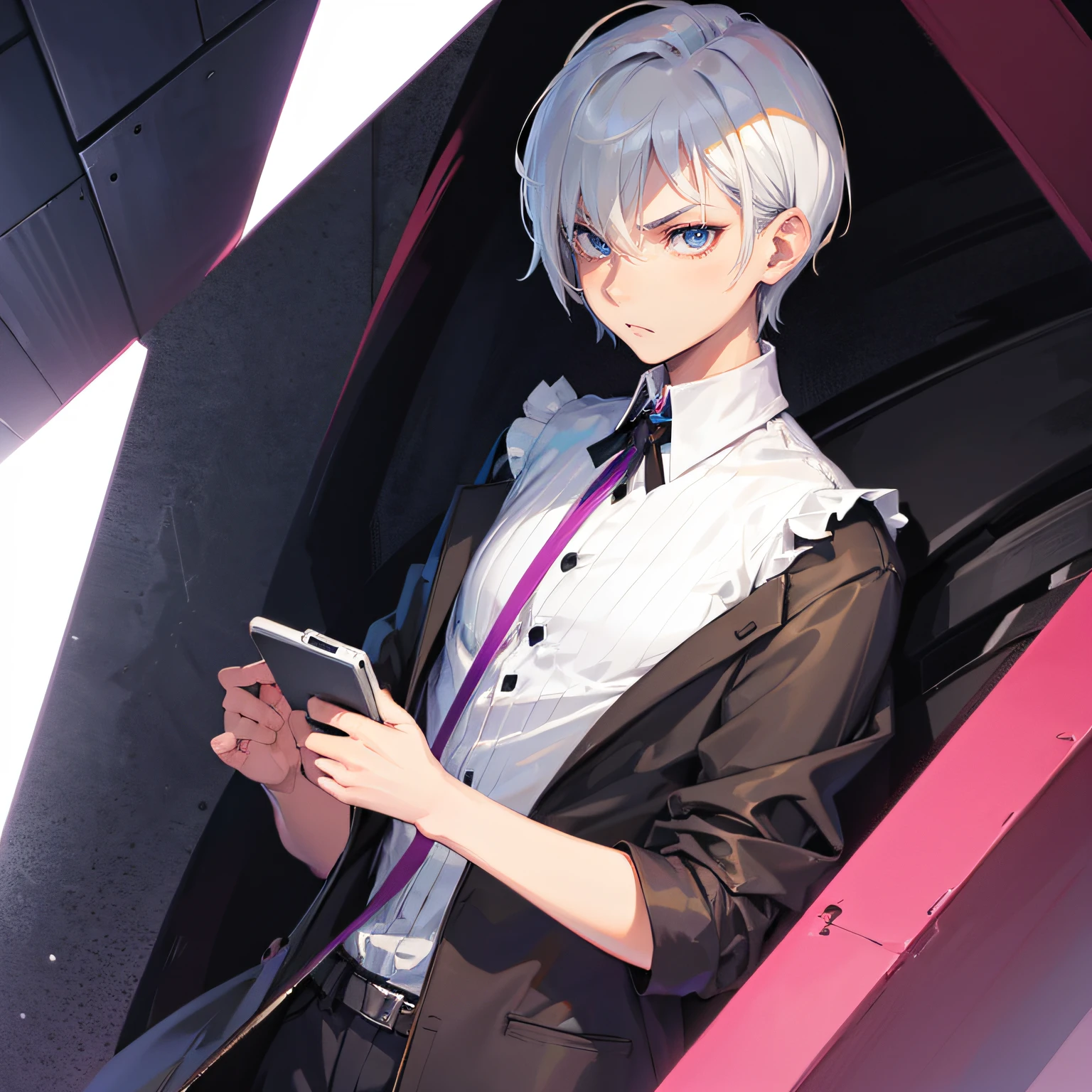 One androgynous character, medium to short hair, stylish, serious, beautiful face, sharp features, modern clothes, femboy, tomboy, wolfcut haircut,Only one character, full rendering, adult androgynous character, gentle look