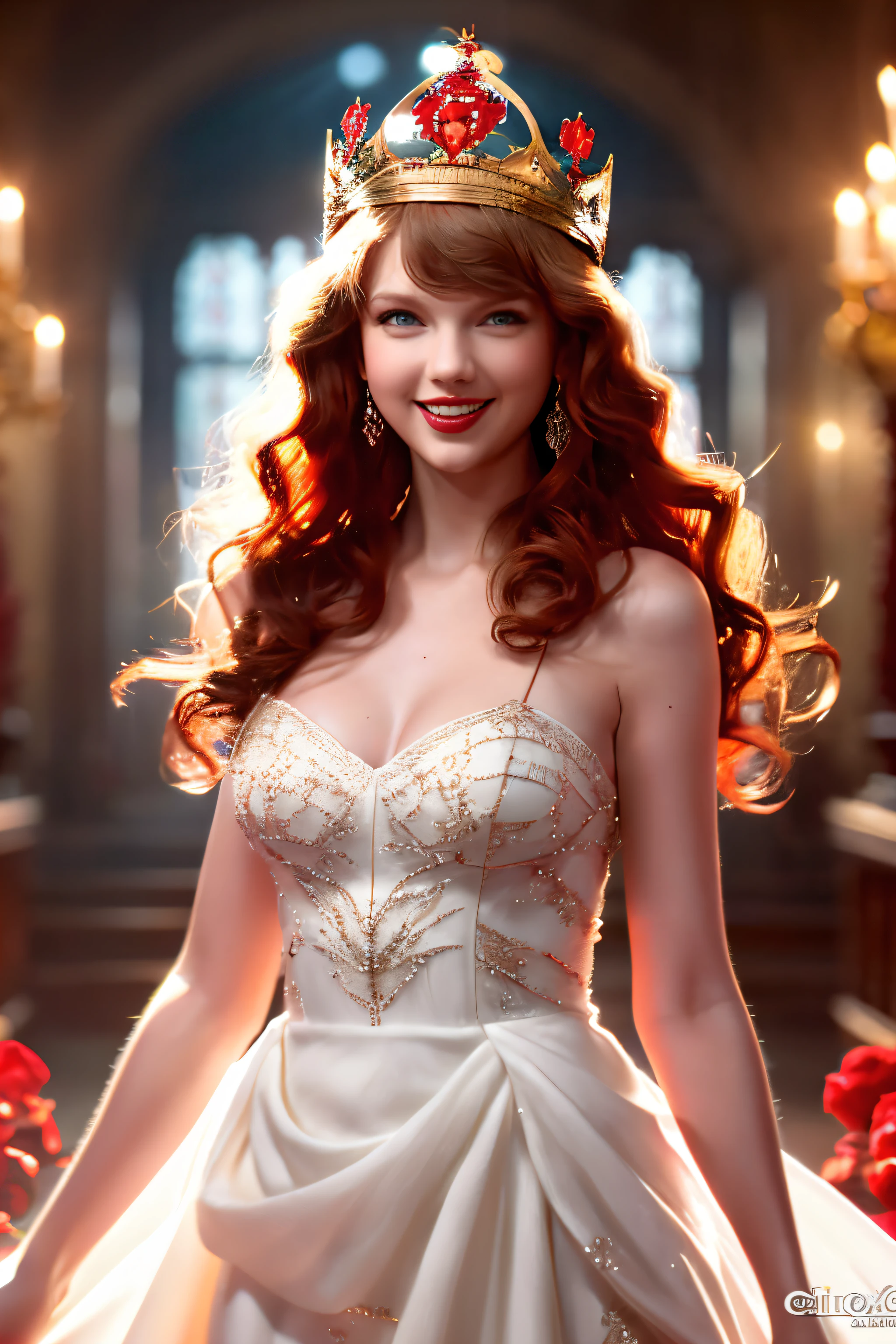 Best Shots，high-definition picture,Taylor Swift,beautiful red haired woman (Wearing a crown), (Houdini, VFX, with a beautifull smile,Beautiful, 4K ),   white gown and red satin dress，