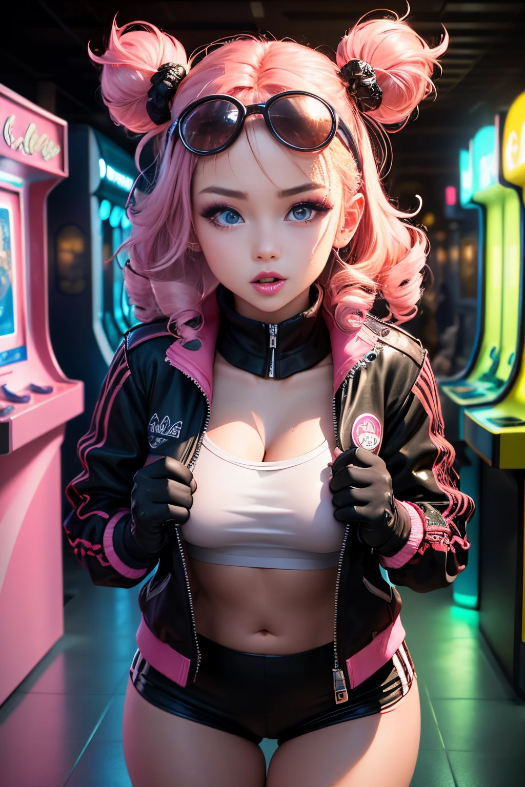 upper body, 1girl, li, solo, Eye focus,Masterfully crafted Glow, pink lens flare, Cinematic background,colourful, hyper details, hdr, ultra detailed eyes, mature, plump, rainbow painting drops,(supermodel:1.3), indoors, (bioluminescent hair:1.1),(glowing eyes), ((makeup)), fierce, powerful, splashes of colour absolutely eye-catching, dynamic angle, beautiful detailed glow, ambient occlusion, ambient light, raytraced reflections, retro style, living arcade characters, arcade style world, gloves, jacket,weapon, shorts, black gloves, black jacket, drill hair, black shorts, eye wear on head, bubble blowing, chewing gum, (Cute face:1.3),
