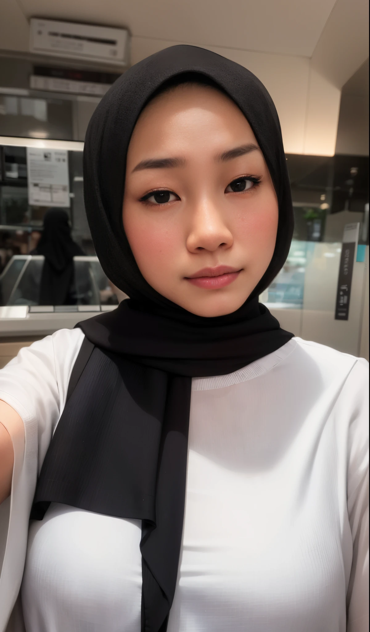asian girl, white skin, smile, hijab , show tits