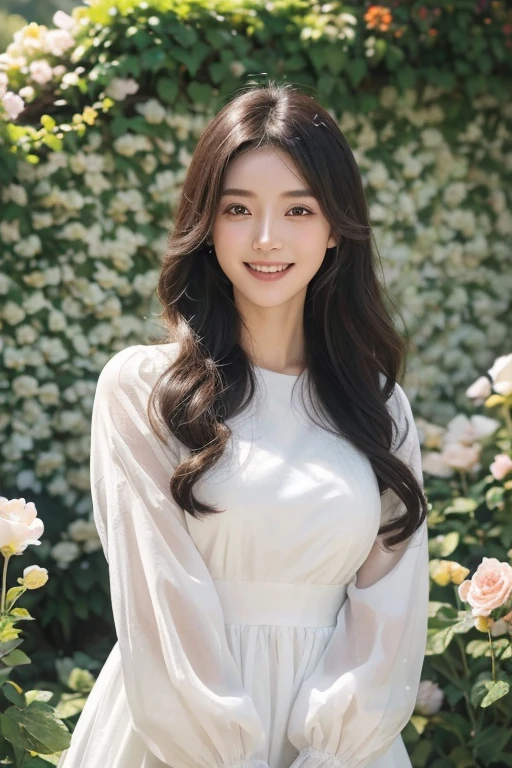 ((best qualtiy, 8K, tmasterpiece:1.3)), (( solo person,upper body photos,on the garden,Standing by the flower wall,Woman surrounded by flowers,perfect figure beautiful woman:1.4)), ((black long curly hair)), (white dresses,hillhouse dress,longer sleeves:1.1) , (Autumn,Garden in the forest,The tree,fresh flowers:1.3),aristocratic clothes:1.1, Highly detailed facial and skin texture, 詳細な目, 二重まぶた,Whiten skin,ssmile,Toothy smile,Cinematic lighting,Detailed details,Real hair and skin,