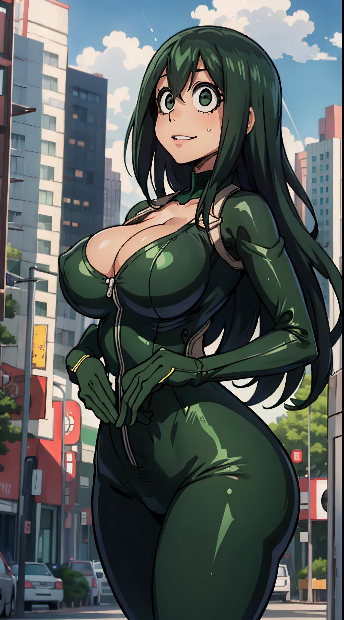 (best quality:1.3), Tsuyu Asui by boku no hero , (looking at the view), busty, cleavage, seductive, sexy, curvy body, big boobs, ((body suit)), ((city)) ,