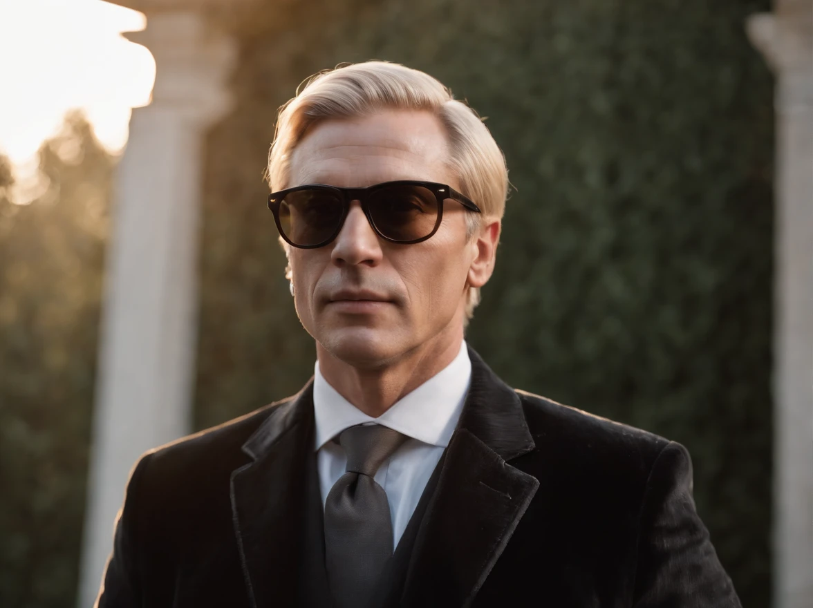 Italian blond middle aged man, shaved in a old black corduroy suit with sunglasses, portait, zoomed in, realistic, early 2000s, sunrays