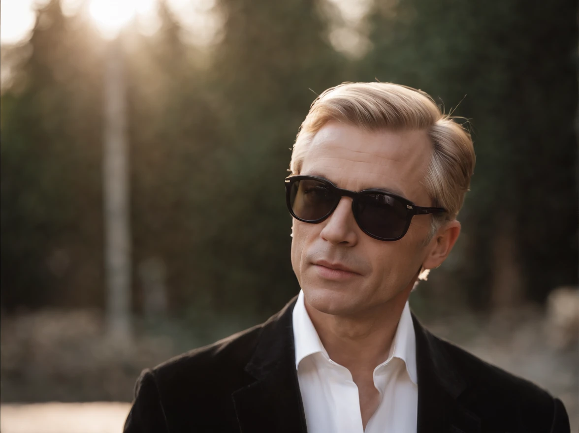 Italian blond middle aged man, shaved in a old black corduroy suit with sunglasses, portait, zoomed in, realistic, early 2000s, sunrays