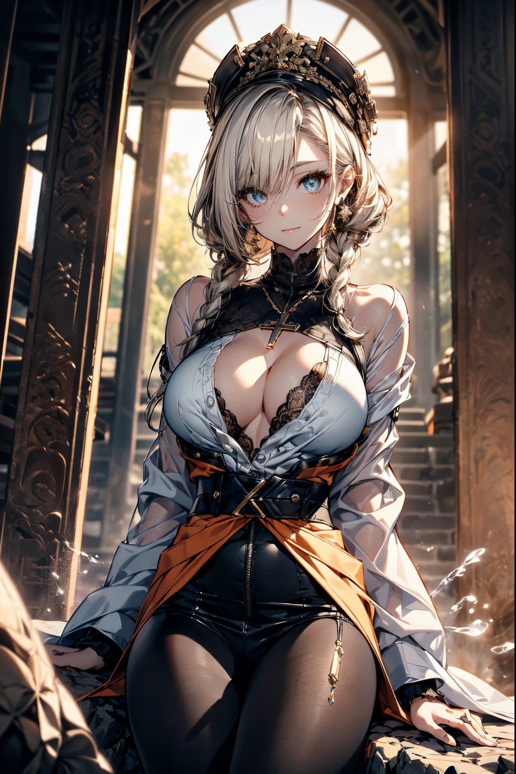 a matured woman with long black hair and a white outfit, (at a rock place in a desert:1.5), (resting in Stone circles:1.2, holding metal water bottles:1.3, sitting Indian-styles:1.1, with spreading legs:1.4, with cross-legged:1.3, with lifting arms, in front of Arabic ruins:1.2), Arabic, (Post apocalyptic:0.2), from arknights, artwork in the style of guweiz, bodyesbian, fine details. girls frontline, beautiful anime illustration, from girls frontline, by Yang J, stunning, 26 years old, (milf:1.3), (solo:1.5), (sfw:1.25), sagging breast, fuge breasts, big tits, thin waist, big ass, Raised sexy, (dark mahogany medium short hair, updo, hair over one eye, asymmetric hair, Carly hair, low tied braids),(musulman, white Headscarfs, hair bands, head vandage, Turban), (ultra high resolution, 8K RAW photo, photo realistics, thin outline:1.3, clear focus), best qualtiy, natural lighting, textile shading, blurry back ground, field depth, bokeh, (Bright pupils, fine detailed beautiful eyes with highlight:1.3, high detailed face), Red lip, fine realistic skins:1.1, looking down viewers:1.3, (dynamic angle:1.2, front view:1.2, breast focus:1.3, from below:1.2), dynamic posing, (sexy posing:1.2, leaning forward), seductive smiling:1.3, center image, (wearing white long jacket and clothes, wearing white robes:1.2, ((bare breast:1.37)), platinum ornaments, rolling white clothes around waist, camel-brown long leather boots:1.3, translucent lace pantyhose), ((correct ???????:1.5)), ((outdoor:1.2, in a night:1.3)),