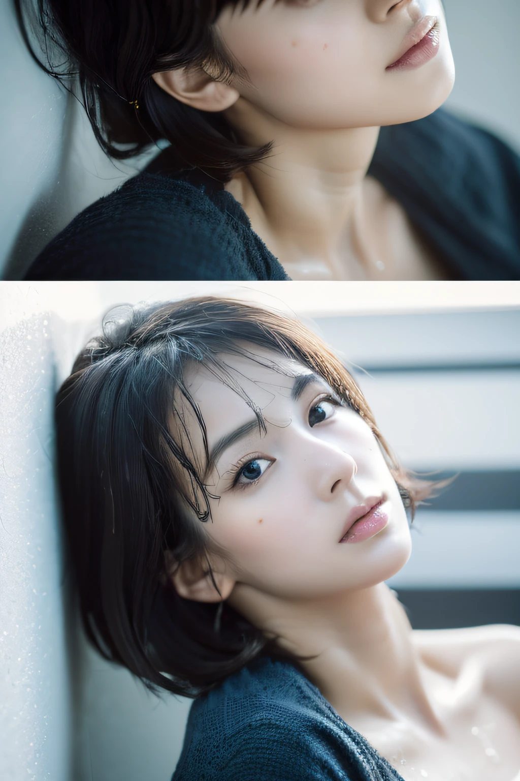 (knitwear), (top-quality, masterpiece:1.3, Super high resolution), (Photorealsitic:1.4, RAW shooting), Ultra-realistic capture, A highly detailed, high-definition 16K for human skin, Wistful, A skinny Japanese woman, 30 years old, cute face, ((Sadness face)), detailed face, detailed eyes, ((correct anatomy)), A dark-haired, Middle hair, ((Background of the sea in a starry night)), (((looking up afar at starry sky))), hair blowing in the wind