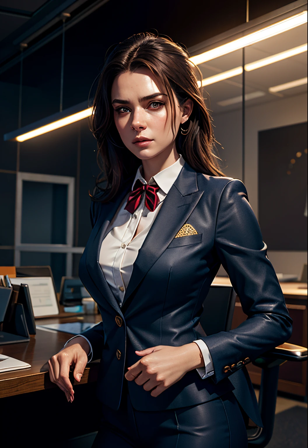 a woman with office suit, shining texture, oil, character portrait, head to waist, character art, epic illustration, cinematic realistic, detailed character, wojtek fus, ultra detailed, cinematic lighting