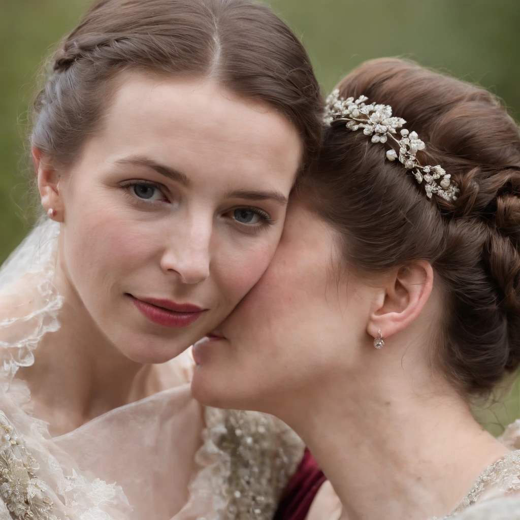sexy princess anne of the UK age 20, lesbian, embracing her lesbian 20 year old lover who is a lover and a commoner and passionately kissing on the mouth and hands on each other's breasts, full body