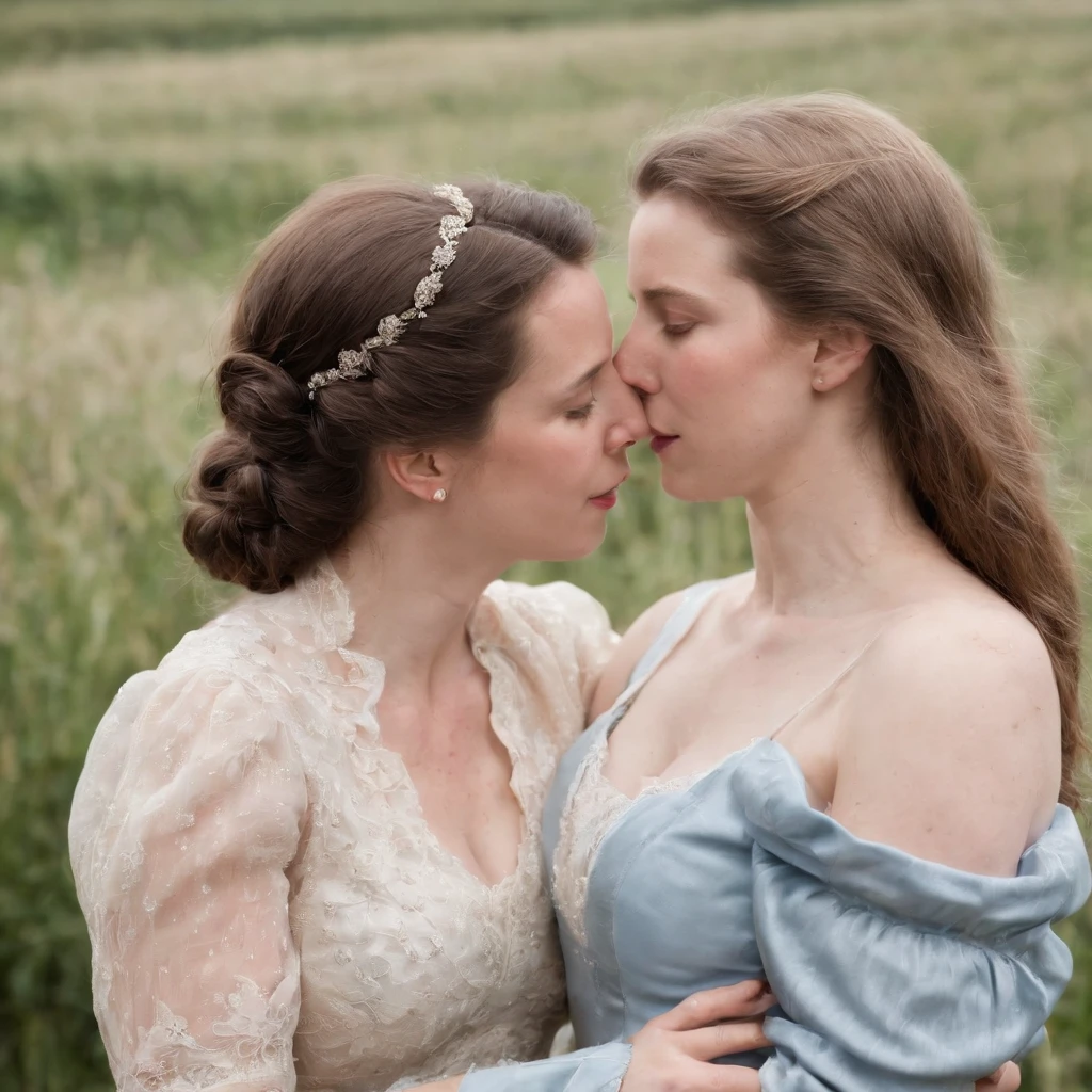 sexy princess anne of the UK age 20, lesbian, embracing her lesbian 20 year old lover who is a lover and a commoner and passionately kissing on the mouth and hands on each other's breasts, full body