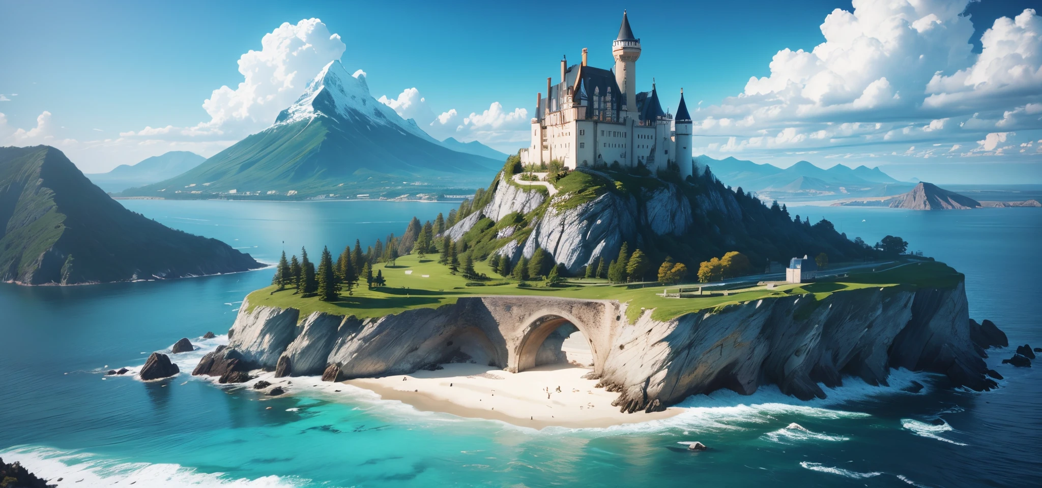 sea, castle, mountain, forest, sky blue, ocean, tower,
