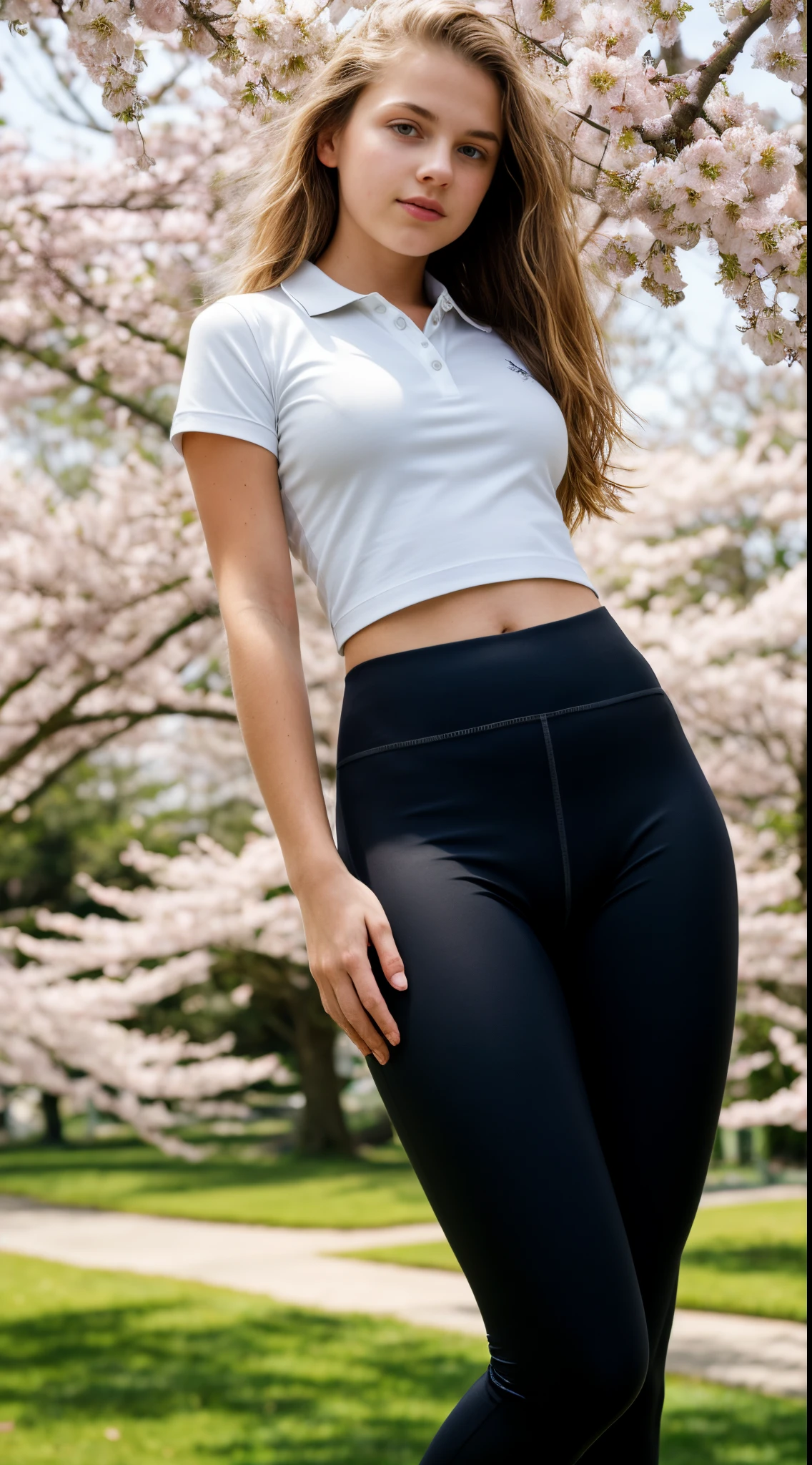 -teen, European,nde, small breasts, big eyes, long legs, close-up on thighs, polo shirt, transparent leggings, heeled sandals, park background, tree, cherry blossom, testicles, bulge in pants, fairy wings on the coast, ray tracing, HDR