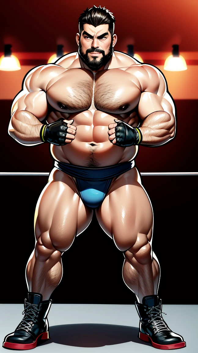 the only person，male people，Muscle wrestler，Muscular，Stout wrestler，Asian people，jpn，Uncles，60-year-old middle-aged man，Short hair details，Short hair details，Wrestling boots，Full body like，Panorama characters，WWE ring，WWE American professional wrestling，spotlight lights，cellshading，visions，pantiess，fatness，age 55，,Middle age，tattoo is，Fingerless gloves，Wheat-colored skin，oilly skin，Dark skin，Show off your chest muscles，Sumo wrestler，body builder，Wide sideburns，Pronounced abs，ssmile，beard is gray，White hair，（Full body like：3），Hands are very thin，bright outside，outdoor background