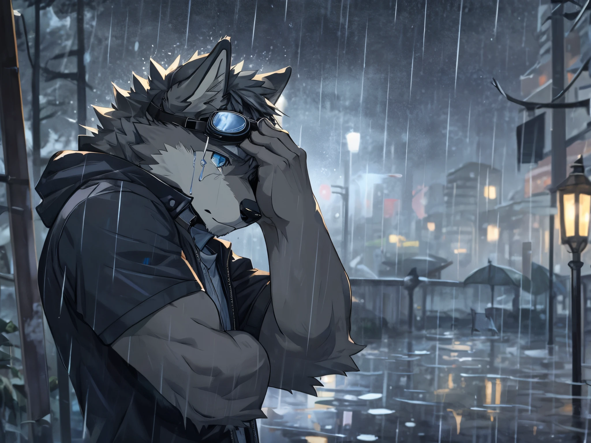 Masterpiece, Solo, Furry Gray Wolf, Gray Fur, Blue Eyes, Gray Medium Hair, Medium Muscular Body, Crying, Arm Covering Face, Casual Shirt, Goggles, Sad Vibes, Raining.