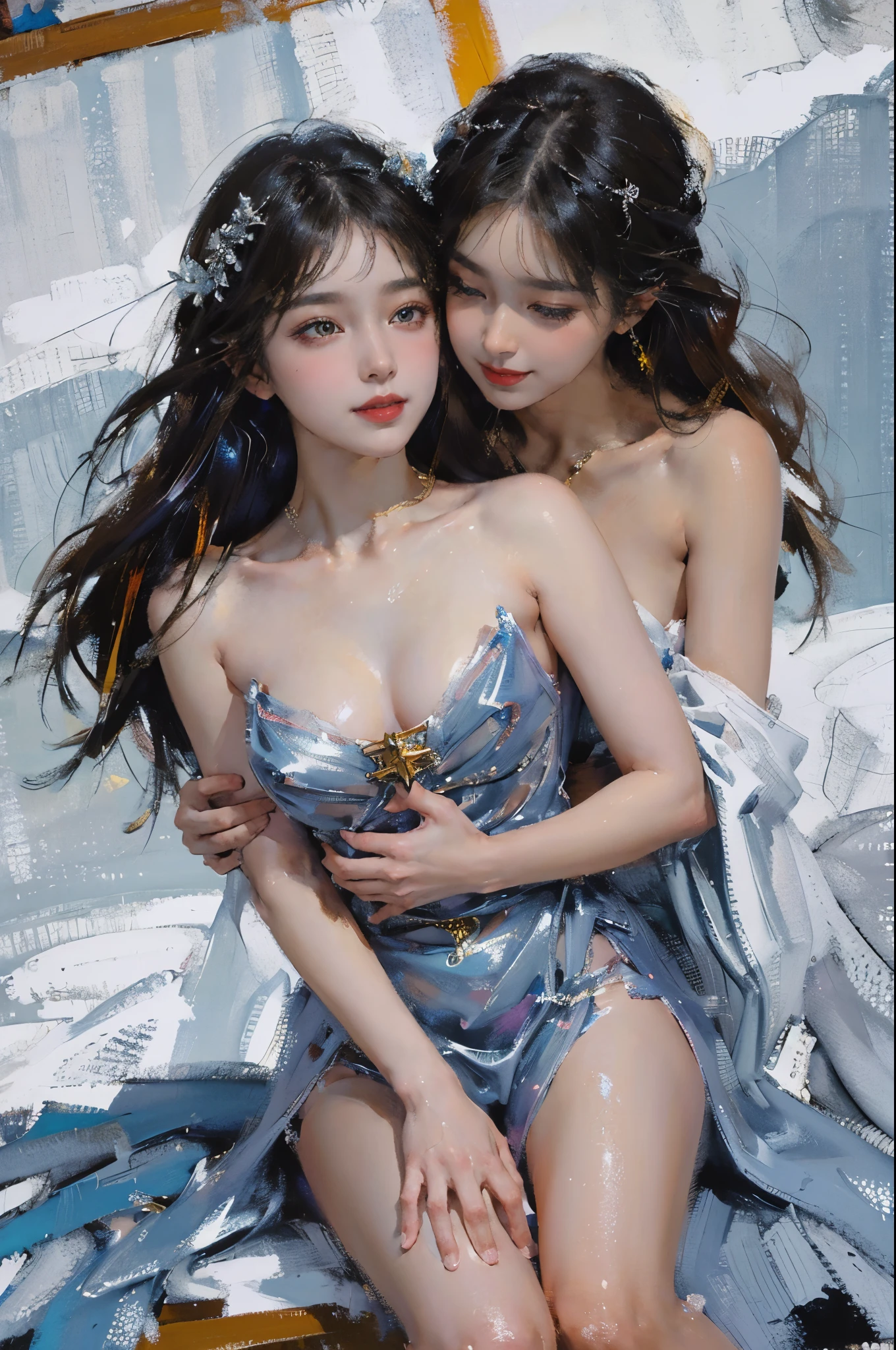 (2  girls),((Yuri))),((Eye contact))),(Look at each other),dancing in the snow, natta，Fireworks show and sea of lights，girl, ,(Best quality at best), ((tmasterpiece)), (A high resolution), pay,Perfect mature female figure, slim toned body,Original, mediuml breasts,High detail 8K wallpaper, Sweated,Wet hair,(very delicate beautiful),Contour deepening, realistically, Precise geometry, Complicated details,Smiling, long, floated hair, Rises with the wind, Snowflake colorful gift,Close-up cleavage,((Sexual suggestiveness)),,(Fechin Oil Painting - Fechin Oil Painting , oil painted), from knees to head，0