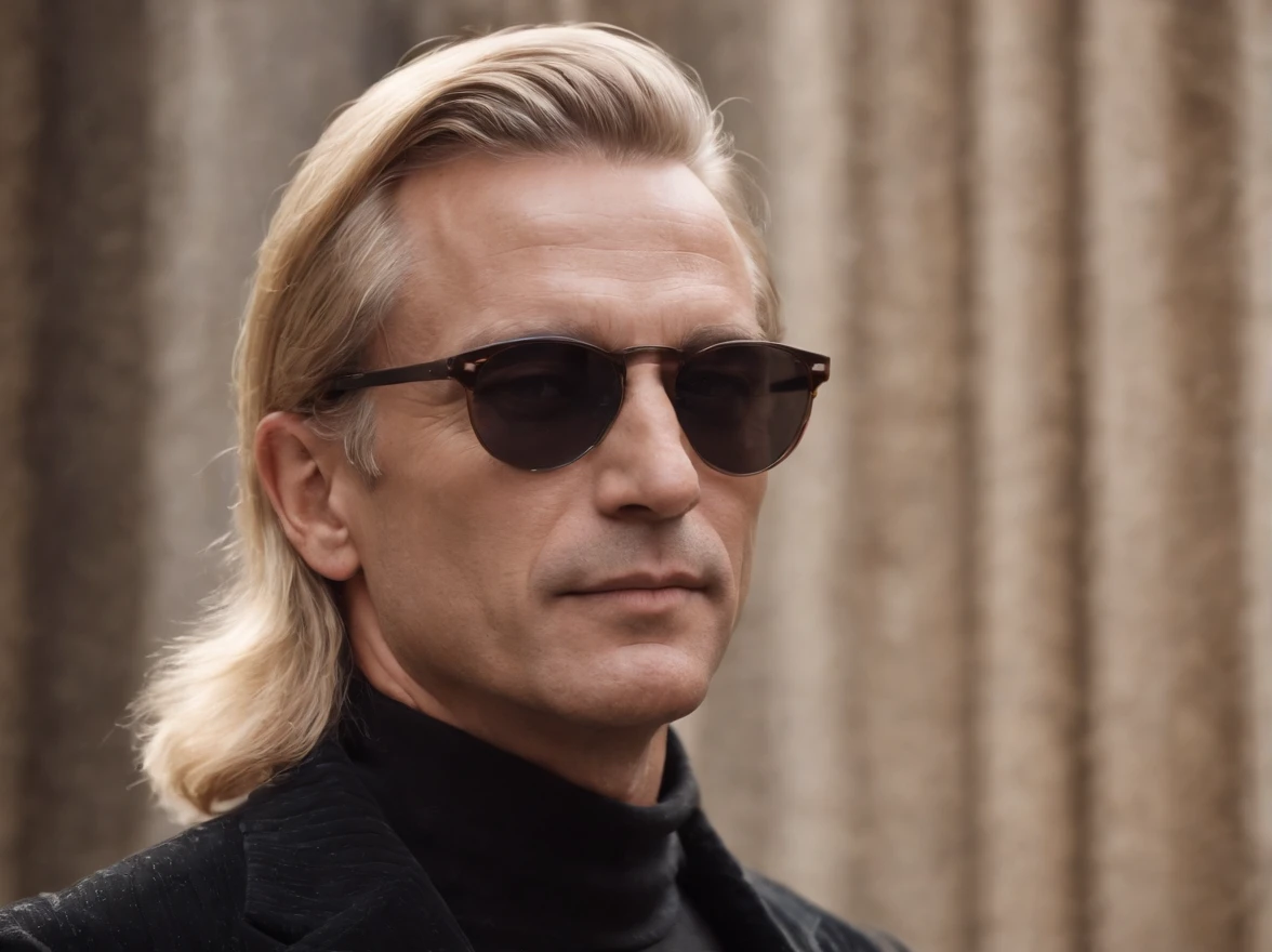 Italian blond middle aged man with his hairstyle being a middle part, shaved in a old black corduroy suit with sunglasses, portait, zoomed in, realistic, early 2000s, sunrays, emotional