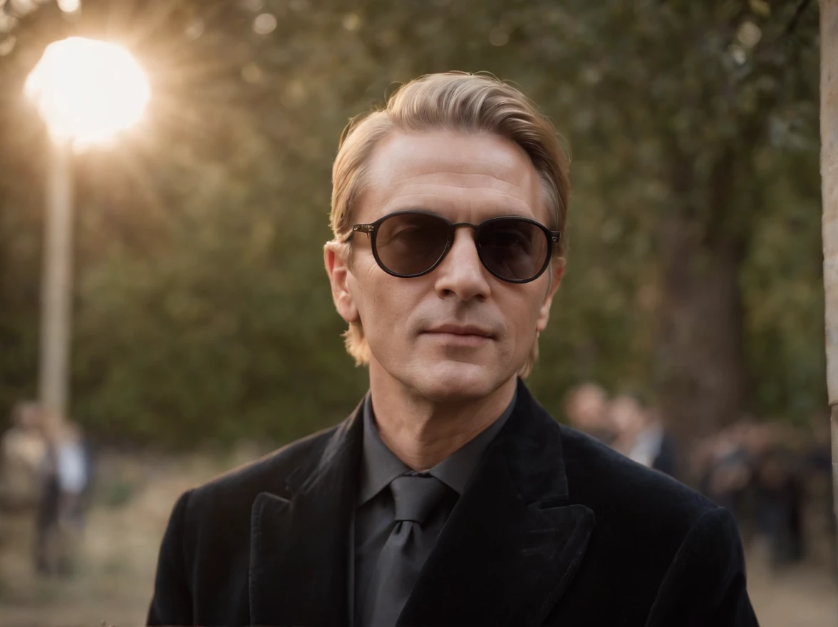 Italian blond middle aged man with his hairstyle being a middle part, shaved in a old black corduroy suit with sunglasses, portait, zoomed in, realistic, early 2000s, sunrays, emotional