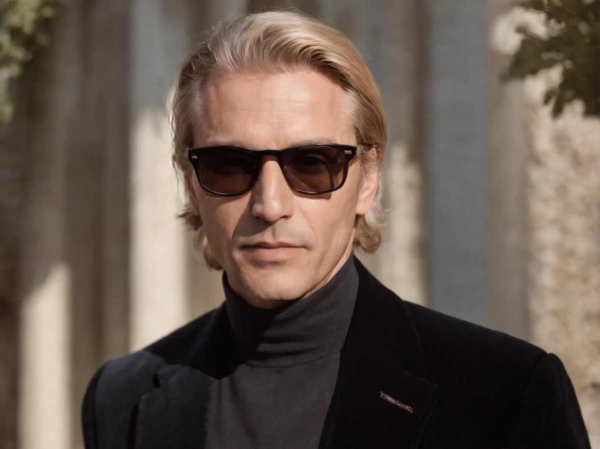Italian blond middle aged man with his hairstyle being a middle part, shaved in a old black corduroy suit with sunglasses, portait, zoomed in, realistic, early 2000s, sunrays, emotional