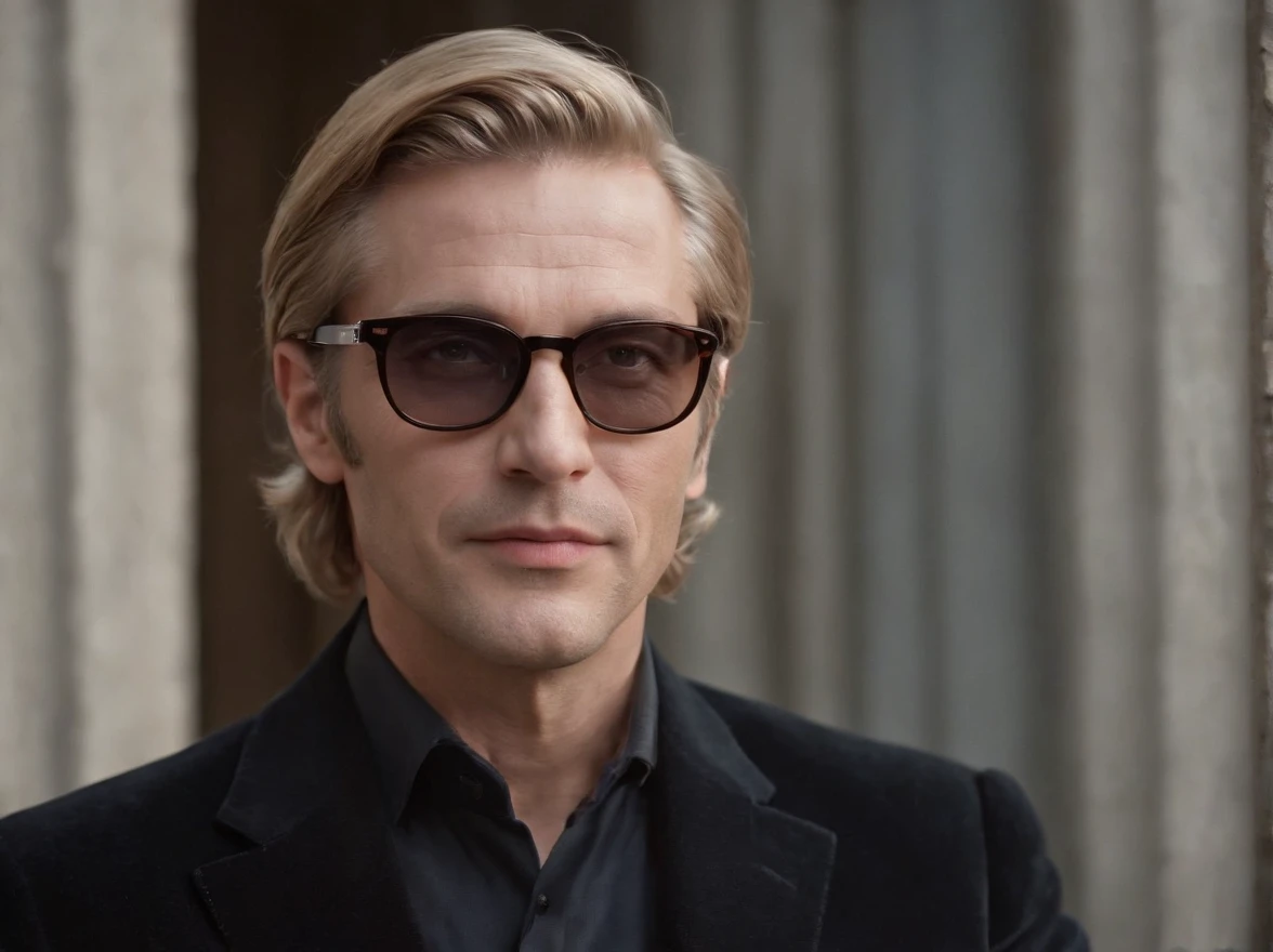 (ultra-realistic,highres,masterpiece:1.2),Italian blond man, middle-aged, detailed eyes and face, (middle-part hairstyle), (shaved), elegant (old black corduroy suit), wearing (sunglasses), (close-up), emotional, (early 2000s fashion), (sunrays)