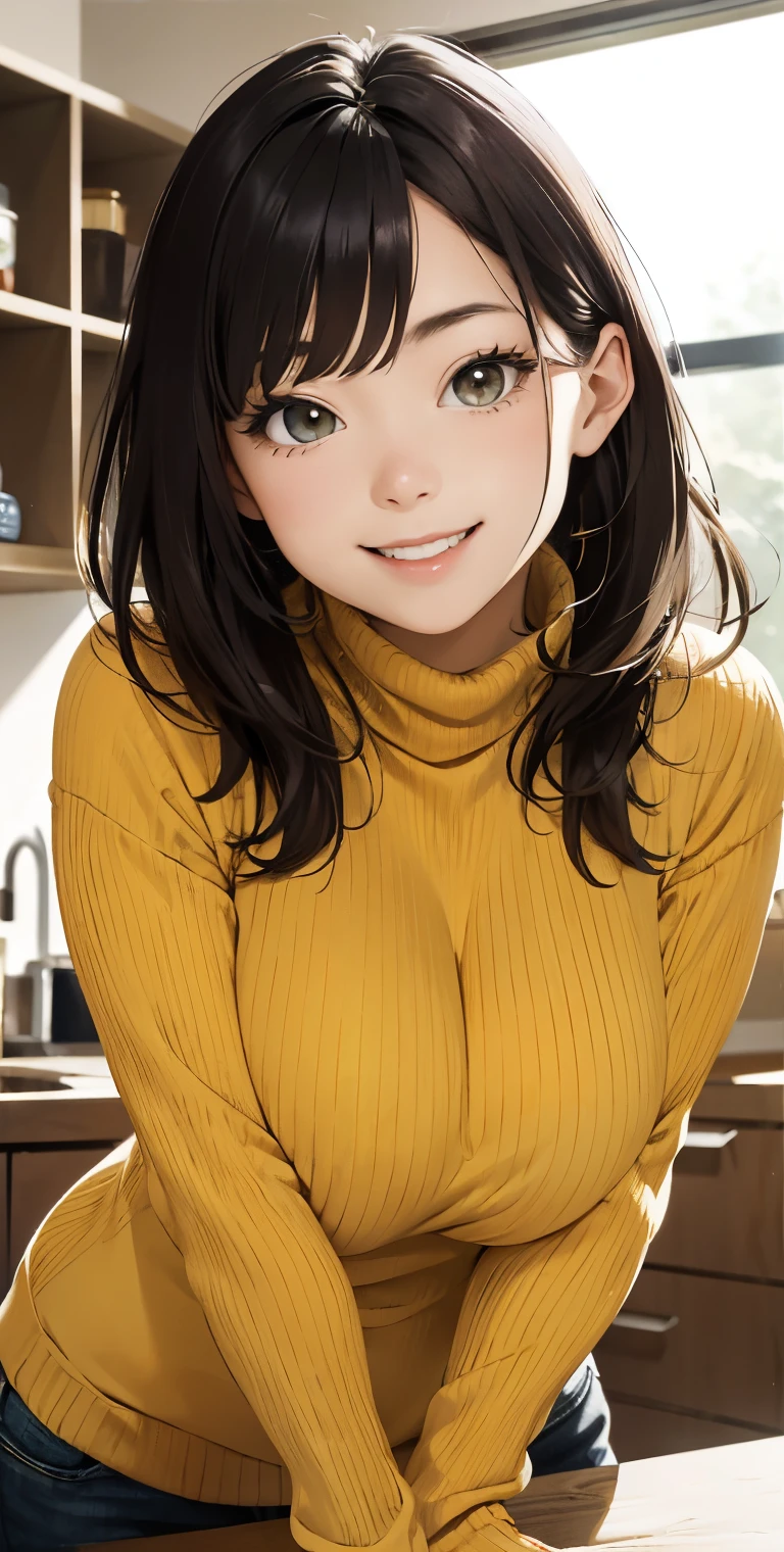 realisticlying、 Sideways view、An 18-year-old girl with big breasts and a smile emphasizing her cleavage((Grasp your breasts with both hands))、Wearing a yellow turtleneck sweater、Breasts enlarged、Sexy Posing、I'm sweating、Redness of cheeks、