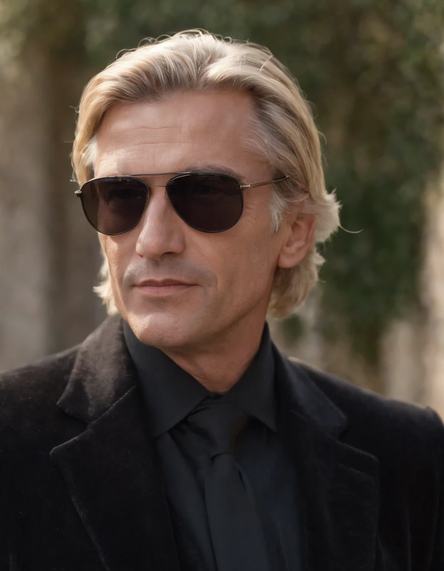 Italian blond middle aged man with his hairstyle being a middle part, shaved in a old black corduroy suit with sunglasses, portait, zoomed in, realistic, early 2000s, sunrays, emotional
